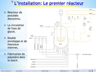 Fichier de référence : Auteur/Dept : Création/Date : Classification : D Conservation : Page :
*L’installation: Le premier réacteur
8
 Réacteur de
procédés
discontinu.
 La circulation
de l'eau de
glycol.
 Double
enveloppe et de
faisceaux
internes.
 Fabrication du
polymère dans
le batch.
 
