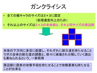 ガンクライシス
• 全ての敵キャラのサイズは３×３に固定
           （処理速度向上のため）
• それ以上のサイズは３×３の本体部と、それと同サイズの周辺部




本体の下方向に多目に配置し、それぞれに耐久度を持たせること
でボス全体の耐久度の調整と、徐々に破壊され分解していく演出
も兼ねられるという、一挙両得

周辺部に固有の攻撃手段を持たせることで攻略要素も持たせる
ことが出来る
 