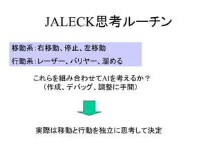 JALECK思考ルーチン
移動系：右移動、停止、左移動
行動系：レーザー、バリヤー、溜める

   これらを組み合わせてAIを考えるか？
     （作成、デバッグ、調整に手間）




   実際は移動と行動を独立に思考して決定
 