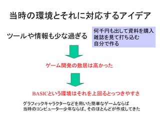 当時の環境とそれに対応するアイデア
                   何千円も出して資料を購入
ツールや情報も少な過ぎる       雑誌を見て打ち込む
                   自分で作る



       ゲーム開発の敷居は高かった




    BASICという環境はそれを上回るとっつきやすさ
  グラフィックキャラクターなどを用いた簡単なゲームならば
  当時のコンピューター少年ならば、そのほとんどが作成してきた
 