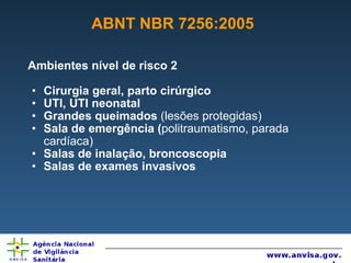 ABNT NBR 7256:2005 Ambientes nível de risco 2 Cirurgia geral, parto cirúrgico UTI, UTI neonatal Grandes queimados  (lesões protegidas) Sala de emergência ( politraumatismo, parada cardíaca) Salas de inalação, broncoscopia Salas de exames invasivos 
