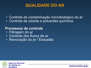 QUALIDADE DO AR Controle da contaminação microbiológico do ar  Controle de odores e poluentes químicos Processos de controle Filtragem do ar Controle dos fluxos de ar Renovação do ar / Exaustão 