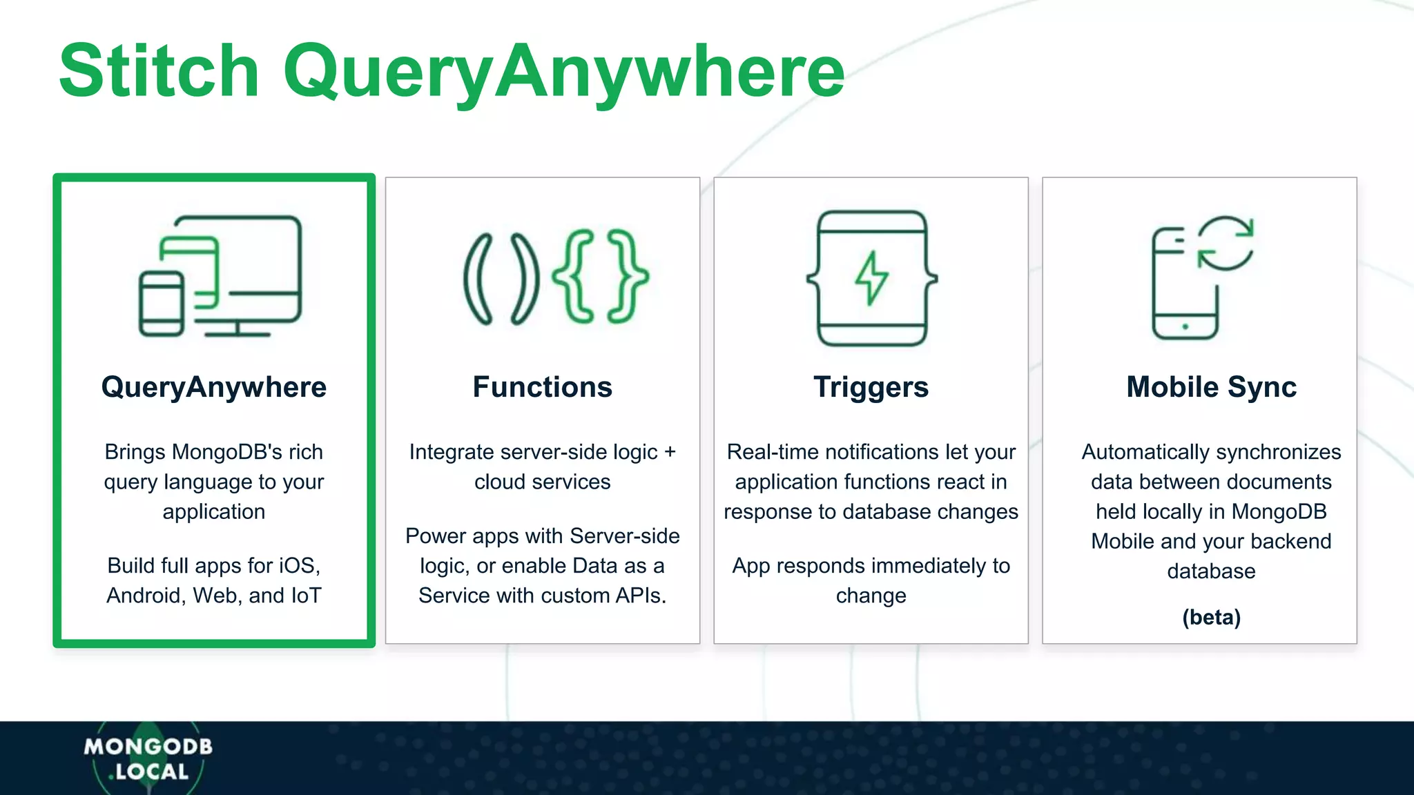 Stitch QueryAnywhere
QueryAnywhere
Brings MongoDB's rich
query language to your
application
Build full apps for iOS,
Android, Web, and IoT
Functions
Integrate server-side logic +
cloud services
Power apps with Server-side
logic, or enable Data as a
Service with custom APIs.
Triggers
Real-time notifications let your
application functions react in
response to database changes
App responds immediately to
change
Mobile Sync
Automatically synchronizes
data between documents
held locally in MongoDB
Mobile and your backend
database
(beta)
 