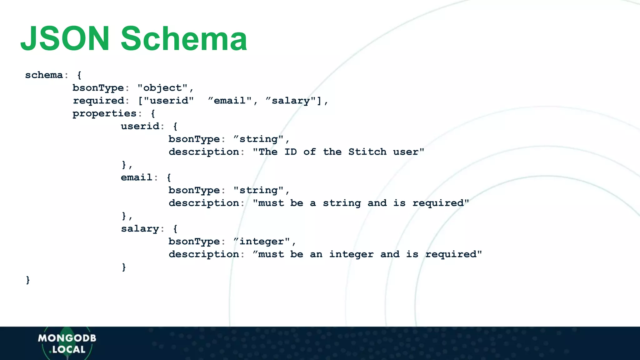 schema: {
bsonType: "object",
required: ["userid", ”email", ”salary"],
properties: {
userid: {
bsonType: ”string",
description: "The ID of the Stitch user"
},
email: {
bsonType: "string",
description: "must be a string and is required"
},
salary: {
bsonType: ”integer",
description: ”must be an integer and is required"
}
}
JSON Schema
 