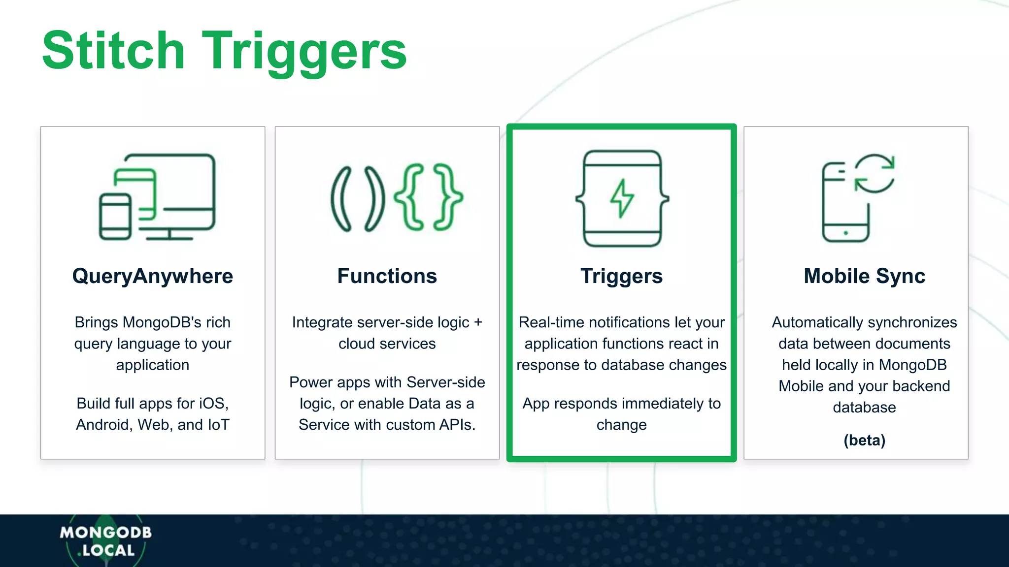 Stitch Triggers
QueryAnywhere
Brings MongoDB's rich
query language to your
application
Build full apps for iOS,
Android, Web, and IoT
Functions
Integrate server-side logic +
cloud services
Power apps with Server-side
logic, or enable Data as a
Service with custom APIs.
Triggers
Real-time notifications let your
application functions react in
response to database changes
App responds immediately to
change
Mobile Sync
Automatically synchronizes
data between documents
held locally in MongoDB
Mobile and your backend
database
(beta)
 