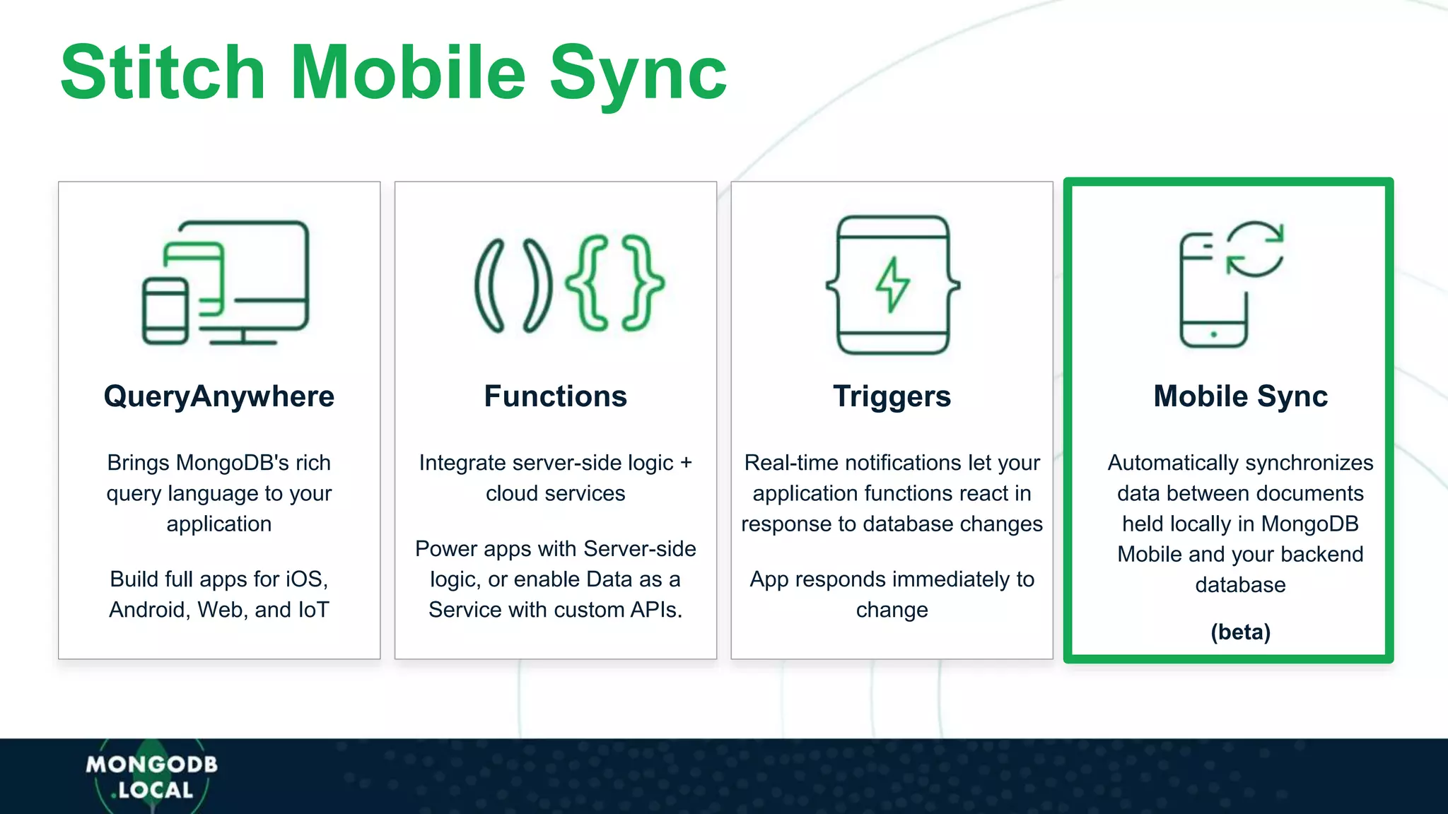 Stitch Mobile Sync
QueryAnywhere
Brings MongoDB's rich
query language to your
application
Build full apps for iOS,
Android, Web, and IoT
Functions
Integrate server-side logic +
cloud services
Power apps with Server-side
logic, or enable Data as a
Service with custom APIs.
Triggers
Real-time notifications let your
application functions react in
response to database changes
App responds immediately to
change
Mobile Sync
Automatically synchronizes
data between documents
held locally in MongoDB
Mobile and your backend
database
(beta)
 