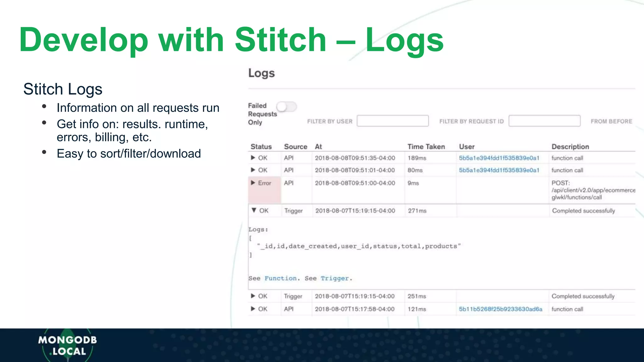Develop with Stitch – Logs
Stitch Logs
• Information on all requests run
• Get info on: results. runtime,
errors, billing, etc.
• Easy to sort/filter/download
 