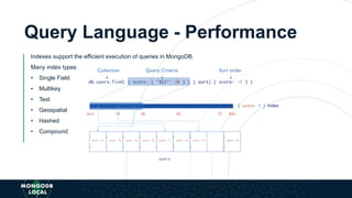 Query Language - Performance
Indexes support the efficient execution of queries in MongoDB.
Many index types
• Single Field
• Multikey
• Text
• Geospatial
• Hashed
• Compound
 