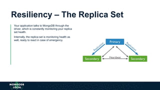 Resiliency – The Replica Set
Your application talks to MongoDB through the
driver, which is constantly monitoring your replica
set health.
Internally, the replica set is monitoring health as
well, ready to react in case of emergency.
 