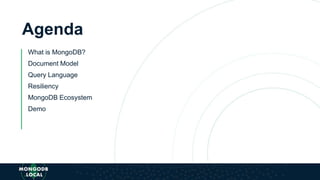 Agenda
What is MongoDB?
Document Model
Query Language
Resiliency
MongoDB Ecosystem
Demo
 