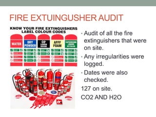 FIRE EXTUINGUSHER AUDIT
• Audit of all the fire
extinguishers that were
on site.
• Any irregularities were
logged.
• Dates were also
checked.
127 on site.
CO2 AND H2O
 