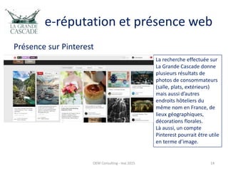e-réputation et présence web
Présence sur Pinterest
OEM Consulting - mai 2015 14
La recherche effectuée sur
La Grande Cascade donne
plusieurs résultats de
photos de consommateurs
(salle, plats, extérieurs)
mais aussi d’autres
endroits hôteliers du
même nom en France, de
lieux géographiques,
décorations florales.
Là aussi, un compte
Pinterest pourrait être utile
en terme d’image.
 