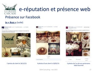 e-réputation et présence web
Présence sur Facebook
OEM Consulting - mai 2015 17
Le « Buzz » (suite)
7 photos de client le 18/12/15 4 photos d’une client le 10/02/15 5 photos de l’un de vos partenaires
Idéal Gourmet
 