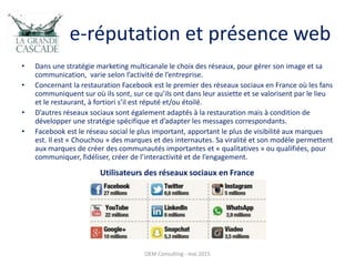 e-réputation et présence web
• Dans une stratégie marketing multicanale le choix des réseaux, pour gérer son image et sa
communication, varie selon l’activité de l’entreprise.
• Concernant la restauration Facebook est le premier des réseaux sociaux en France où les fans
communiquent sur où ils sont, sur ce qu’ils ont dans leur assiette et se valorisent par le lieu
et le restaurant, à fortiori s’il est réputé et/ou étoilé.
• D’autres réseaux sociaux sont également adaptés à la restauration mais à condition de
développer une stratégie spécifique et d’adapter les messages correspondants.
• Facebook est le réseau social le plus important, apportant le plus de visibilité aux marques
est. Il est « Chouchou » des marques et des internautes. Sa viralité et son modèle permettent
aux marques de créer des communautés importantes et « qualitatives » ou qualifiées, pour
communiquer, fidéliser, créer de l’interactivité et de l’engagement.
OEM Consulting - mai 2015
Utilisateurs des réseaux sociaux en France
 