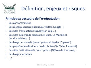 Définition, enjeux et risques
Principaux vecteurs de l'e-réputation
• Les consommateurs
• Les réseaux sociaux (Facebook, twitter, Google+)
• Les sites d’évaluation (TripAdvisor, Yelp,…)
• Les sites des grands médias (Le Figaro, Le Monde et
hebdomadaires,…)
• Les blogs personnels (prescripteurs et leader d’opinion)
• Les plateformes de vidéos ou de photos (YouTube, Pinterest)
• Les sites institutionnels prescripteurs (Offices de tourisme,…)
• Les blogs spécialisés
• …/…
OEM Consulting - mai 2015 4
 