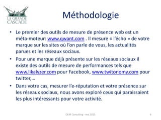 Méthodologie
OEM Consulting - mai 2015 6
• Le premier des outils de mesure de présence web est un
méta-moteur: www.qwant.com . Il mesure « l’écho » de votre
marque sur les sites où l’on parle de vous, les actualités
parues et les réseaux sociaux.
• Pour une marque déjà présente sur les réseaux sociaux il
existe des outils de mesure de performances tels que
www.likalyzer.com pour Facebook, www.twitonomy.com pour
twitter,…
• Dans votre cas, mesurer l’e-réputation et votre présence sur
les réseaux sociaux, nous avons exploré ceux qui paraissaient
les plus intéressants pour votre activité.
 