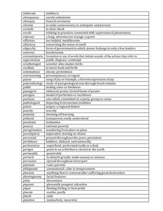 obdurate stubborn
obsequious overly submissive
obsequy funeral ceremony
obviate to make unnecessary; to anticipate and prevent
occlude to shut; block
occult relating to practices connected with supernatural phenomena
odyssey a long, adventurous voyage; a quest
officious too helpful; meddlesome
olfactory concerning the sense of smell
oligarchy form of government in which power belongs to only a few leaders
onerous burdensome
onomatopoeia formation or use of words that imitate sounds of the actions they refer to
opprobrium public disgrace; contempt
ornithologist scientist who studies birds
oscillate to move back and forth
ostentatious showy; pretentious
overweening presumptuous; arrogant
paean song of joy or triumph; a fervent expression of joy
paleonthology study of past geological eras through fossil remains
pallid lacking color or liveliness
panegyric elaborate praise; formal hymn of praise
paragon model of perfection or excellence
partisan one-sided; committed to a party, group or cause
pathological departing from normal condition
patois jargon; a regional dialect
paucity scarcity
pedantic showing off learning
pellucid transparent; easily understood
penchant inclination
penury extreme poverty
peregrination wandering from place to place
peremptory imperative; leaving no choice
perennial present throughout the years; persistent
perfidious faithless; disloyal; untrustworthy
perfunctory superficial; performed really as a duty
perigee point in an orbit that is closest to the earth
permeable penetrable
perturb to disturb greatly; make uneasy or anxious
pervasive spread throughout every part
petulant rude; peevish
phlegmatic unemotional; calm in temperament
phoenix anything that is restored after suffering great destruction
physiognomy facial features
piety devoutness
piquant pleasantly pungent; attractive
pique fleeting feeling or hurt pride
placate soothe; pacify
placid calm
plaintive melancholy; mournful
 