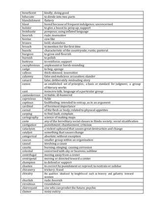 beneficent kindly; doing good
bifurcate to divide into two parts
blandishment flattery
blasé bored because of frequent indulgence; unconcerned
bolster to give a boost to; prop up; support
bombastic pompous; using inflated language
boorish rude; insensitive
bovine cow like
brazen bold; shameless
broach to mention for the first time
bucolic characteristic of the countryside; rustic; pastoral
burgeon to grow and flourish
burnish to polish
buttress to reinforce; support
cacophonous unpleasant or harsh-sounding
cadge to beg; sponge
callous thick-skinned; insensitive
calumny false and malicious accusation; slander
canard false; deliberately misleading story
canon an established set of principles; a basis or standard for judgment; a group
of literary works
cant insincere talk; language of a particular group
cantankerous irritable; ill-humored
capricious fickle
captious faultfinding; intended to entrap, as in an argument
cardinal of foremost importance
carnal of the flesh or body; related to physical appetites
carping to find fault; complain
cartography science of making maps
caste any of the hereditary social classes in Hindu society; social stratification
castigation punishment; chastisement; criticism
cataclysm a violent upheaval that causes great destruction and change
catalyst something that causes change
categorical absolute; without exception
caucus smaller group within an organization
causal involving a cause
caustic burning; stinging; causing corrosion
celestial concerned with sky or heavens; sublime
centrifugal moving away from a center
centripetal moving or directed toward a center
champion to defend or support
chasten to correct by punishment or reproof; to restrain or subdue
chicanery trickery; fraud
chivalry the qualities idealized by knighthood such as bravery and gallantry toward
women
churlish rude; boorish
circuitous roundabout
clairvoyant one who can predict the future; psychic
clamor noisy outcry
 