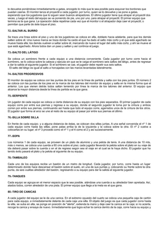 lo devuelve poniéndose inmediatamente a gatas, encogido lo más que le sea posible para esquivar los bordones que
puedan caerse. El monitor lanza el proyectil a cada jugador, por turno, quien se lo devuelve y se pone a gatas,
esperando que los jugadores que lo siguen sean buenos atrapadores. El último jugador tiene que atrapar el proyectil dos
veces, y luego el resto del equipo se va poniendo de pie, uno por uno, para atrapar el proyectil. El primer equipo que
termina es la que gana. La operación debe repetirse cada vez que el monitor o el atrapador deja caer el proyectil, o
permitan que parte de éste toque el piso.
72.-SALTAR AL BURRO
Se traza una línea sobre el piso y uno de los jugadores se coloca en ella, doblado hacia adelante, para que los demás
salten sobre él. Una nueva marca se traza donde ha caído el que ha dado el salto más corto y el que está agachado se
mueve hasta ella; los demás vuelven a saltar sobre él, marcando de nuevo el lugar del salto más corto, y ahí se mueve el
que está agachado. Ahora todos dan un paso y saltan y así continúa el juego.
73.-SALTO DEL LÁTIGO
Se coloca un sombrero frente a cada equipo a una distancia conveniente. Cada jugador por turno corre hacia el
sombrero, se lo coloca sobre la cabeza y ejecuta sin que se le caiga el sombrero seis saltos del látigo, antes de regresar
a dar la salida al siguiente jugador. Si el sombrero se cae, el jugador debe repetir sus seis saltos.
El salto del látigo es igual al salto a horcajadas con las manos levantadas lateralmente.
74.-SALTOS PROGRESIVOS
El monitor de equipo se coloca con las puntas de los pies en la línea de partida y salta con los pies juntos. El número 2
se coloca con las puntas de los pies en la marca de los talones del monitor de equipo y salta en la misma forma que el
anterior. Los que vienen detrás todos saltan teniendo por línea la marca de los talones del anterior. El equipo que
alcance la mayor distancia desde la línea de partida es la que gana.
75.-SERPIENTE
Un jugador de cada equipo se coloca a cierta distancia de su equipo con los pies separados. El primer jugador de cada
equipo corre por entre sus piernas y regresa a su equipo, donde el segundo jugador le toma por la cintura y ambos
corren por entre sus piernas, continuando así hasta que todo el equipo corre, agarrados unos de la cintura de los otros.
El jugador que forma al arco se une al resto de su equipo al pasar por entre sus piernas el último.
76.-SILLA SOBRE SILLA
En frente de cada equipo. y a alguna distancia de éstas, se colocan dos sillas juntas. A una señal convenida el nº 1 de
cada equipo corre hasta las sillas; pone patas arriba la de la izquierda y la coloca sobre la otra. El nº 2 vuelve a
colocarlas en su lugar; el nº 3 procede como el nº 1 y el 4 como el 2 y así sucesivamente.
77.-SOPA
Los números 1 de cada equipo, se proveen de un plato de aluminio y una pelota de tenis. A una distancia de 10 mts,
más o menos, se coloca una cuerda a 60 cms sobre el piso; cada jugador llevando la pelota sobre el plato en su viaje de
ida deberá pasar sobre la cuerda o en el de regreso según sea el viaje en el cual se le haya dicho. El jugador que ha
tenido éxito pasará el plato y la pelota al siguiente de su equipo.
78.-TAMBALEO
Cada uno de los equipos recibe un bastón de un metro de longitud. Cada jugador, por turno, corre hasta un lugar
determinado donde hace descansar el bastón sobre el suelo, en una de sus puntas y, colocando su frente sobre la otra
punta, da seis vueltas alrededor del bastón, regresando a su equipo para dar la salida al siguiente jugador.
79.-TANQUES
Cada equipo se agrupa en el menor espacio que le sea posible. atándose una cuerda a su alrededor bien apretada. Así,
atados todos, corren alrededor de una pista. El primer equipo que llega a la meta es el que gana.
80.-TIRO DE CANICAS
A cada jugador del equipo se le da una canica. En el extremo opuesto del cuarto se coloca una pequeña caja de cartón
para cada equipo, e inmediatamente delante de cada caja una silla. El objeto del juego es que cada jugador corra hasta
la silla, se suba en ella, se ponga en posición de "alerta", extienda la mano y deje caer la canica en la caja; si no acierta,
recoge la canica y ensaya de nuevo. Inmediatamente que logra echar la canica dentro de la caja, corre hacia su equipo y
 