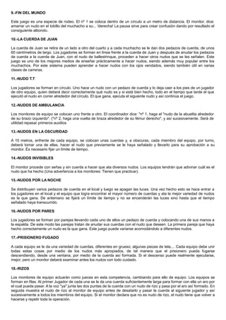 9.-FIN DEL MUNDO
Este juego es una especie de rodeo. El nº 1 se coloca dentro de un círculo a un metro de distancia. El monitor. dice:
amarrar un nudo en el tobillo del muchacho a su... !derecha! La pausa sirve para crear confusión dando por resultado el
consiguiente alboroto.
10.-LA CUERDA DE JUAN
La cuerda de Juan se retira de un lado a otro del cuarto y a cada muchacho se le dan dos pedazos de cuerda, de unos
60 centímetros de largo. Los jugadores se forman en línea frente a la cuerda de Juan y después de anudar los pedazos
de cuerda a la cuerda de Juan, con el nudo de ballestrinque, proceden a hacer otros nudos que se les señalen. Este
juego es uno de los mejores medios de enseñar prácticamente a hacer nudos, siendo además muy popular entre los
muchachos. Por este sistema pueden aprender a hacer nudos con los ojos vendados, siendo también útil en varias
clases de carreras.
11.-NUDO T.T
Los jugadores se forman en círculo. Uno hace un nudo con un pedazo de cuerda y lo deja caer a los pies de un jugador
de otro equipo, quien deberá decir correctamente qué nudo es y si está bien hecho, todo en el tiempo que tarde el que
ejecutó el nudo en correr alrededor del círculo. El que gana, ejecuta el siguiente nudo y así continúa el juego.
12.-NUDOS DE AMBULANCIA
Los monitores de equipo se colocan uno frente a otro. El coordinador dice: "nº 1, haga el "nudo de la abuelita alrededor
de su brazo izquierdo". ("nº 2, haga una vuelta de braza alrededor de su fémur derecho", y así sucesivamente. Será de
utilidad repasar primeros auxilios
13.-NUDOS EN LA OSCURIDAD
A 10 metros, enfrente de cada equipo, se colocan unas cuerdas y, a obscuras, cada miembro del equipo, por turno,
deberá tomar una de ellas, hacer el nudo que previamente se le haya señalado y llevarlo para su aprobación a su
monitor. Es necesario fijar un límite de tiempo.
14.-NUDOS INVISIBLES
El monitor procede con señas y sin cuerda a hacer que ata diversos nudos. Los equipos tendrán que adivinar cuál es el
nudo que ha hecho (Una advertencia a los monitores: Tienen que practicar).
15.-NUDOS POR LA NOCHE
Se distribuyen varios pedazos de cuerda en el local y luego se apagan las luces. Una vez hecho esto se hace entrar a
los jugadores en el local y el equipo que logra encontrar el mayor número de cuerdas y ata la mejor variedad de nudos
es la que gana. De antemano se fijará un límite de tiempo y no se encenderán las luces sino hasta que el tiempo
señalado haya transcurrido.
16.-NUDOS POR PARES
Los jugadores se forman por parejas llevando cada uno de ellos un pedazo de cuerda y colocando una de sus manos a
la espalda. De este modo las parejas tratan de anudar sus cuerdas con el nudo que deseen. La primera pareja que haya
hecho correctamente un nudo es la que gana. Este juego puede variarse acomodándolo a diferentes nudos.
17.-PRISIONERO FUGADO
A cada equipo se le da una variedad de cuerdas, diferentes en grueso; algunas piezas de tela,... Cada equipo debe unir
todas estas cosas por medio de los nudos más apropiados, de tal manera que el prisionero pueda fugarse
descendiendo, desde una ventana, por medio de la cuerda así formada. Si el descenso puede realmente ejecutarse,
mejor, pero un monitor deberá examinar antes los nudos con todo cuidado.
18.-RIZOS
Los monitores de equipo actuarán como jueces en esta competencia, cambiando para ello de equipo. Los equipos se
forman en filas. Al primer Jugador de cada una se le da una cuerda suficientemente larga para formar con ella un aro por
el cual pueda pasar. A la voz "ya" junta las dos puntas de la cuerda con un nudo de rizo y pasa por el aro así formado. En
seguida muestra el nudo de rizo al monitor de equipo antes de desatarlo y pasar la cuerda al siguiente jugador y así
sucesivamente a todos los miembros del equipo. Si el monitor declara que no es nudo de rizo, el nudo tiene que volver a
hacerse y repetir toda la operación.
 