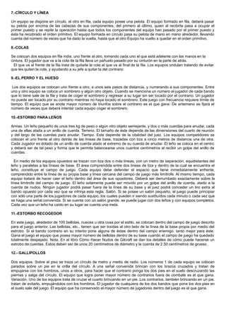 7.-CÍRCULO Y LÍNEA
Un equipo se dispone en círculo, el otro en fila, cada equipo posee una pelota. El equipo formado en fila, deberá pasar
su pelota por encima de las cabezas de sus componentes, del primero al último, quien al recibirla pasa a ocupar el
primer puesto y se repite la operación hasta que todos los componentes del equipo han pasado por el primer puesto y
ésta ha recobrado el orden primitivo. El equipo formada en círculo pasa su pelota de mano en mano alrededor, llevando
cuenta del número de veces que ha dado la vuelta, hasta que el otro Equipo ha vuelto a quedar en el orden primitivo.
8.-COLAS
Se colocan dos equipos en fila india, uno frente al otro, tomando cada uno al que está adelante con las manos en la
cintura. El jugador que va a la cola de la fila lleva un pañuelo pasado por su cinturón en la parte de atrás.
El que va al frente de la fila trata de quitarle la cola al que va al final de la fila. Los equipos ondulan tratando de evitar
que les quiten la cola, y ayudando a su jefe a quitar la del contrario
9.-EL PERRO Y EL HUESO
Los dos equipos se colocan uno frente a otro, a unos seis pasos de distancia, y numerando a sus componentes. Entre
uno y otro equipo se coloca un sombrero y algún otro objeto. Cuando se menciona un número el jugador de cada bando
que lo tiene sale de la fila y trata de coger el sombrero y regresar a su lugar sin ser tocado por el contrario. Un jugador
no puede ser tocado por su contrario mientras no haya tocado el sombrero. Este juego con frecuencia requiere límite de
tiempo. El equipo que se anote mayor número de triunfos sobre el contrario es el que gana. De antemano se fijará el
número de veces que deberá intentar cada equipo coger el sombrero.
10.-ESTORBO PARA LEÑOS
Armas. Un leño pequeño de unos tres kg de peso o algún otro objeto semejante, y dos o más cuerdas para anudar, cada
una de ellas atada a un anillo de cuerda. Terreno. El tamaño de éste depende de las dimensiones del cuarto de reunión
y del largo de las cuerdas para anudar. Tiempo. Este depende de la vitalidad del juez. Los equipos competidores se
colocan el uno frente al otro detrás de las líneas de base, trazadas con tiza a cinco metros de distancia una de otra.
Cada Jugador es dotado de un anillo de cuerda atado al extremo de su cuerda de anudar. El leño se coloca en el centro
y deberá ser de tal peso y forma que le permita balancearse unos cuantos centímetros al recibir un golpe del anillo de
cuerdas.
En medio de los equipos opuestos se trazan con tiza dos o más líneas, con un metro de separación, equidistantes del
leño y paralelas a las líneas de base. El área comprendida entre dos líneas de tiza y dentro de la cual se encuentra el
leño, constituye el campo de juego. Cada equipo debe defender el espacio que tiene inmediatamente enfrente,
comprendido entre la línea de su propia base y línea cercana del campo de juego más limítrofe. Al mismo tiempo, cada
equipo tratará de hacer caer el leño dentro del área de sus opositores. Deberá ser derrumbado exactamente sobre la
línea limítrofe del campo de juego. El leño solamente puede ser movido por un golpe del anillo de cuerda, atado a la
cuerda de nudos. Ningún jugador podrá pasar fuera de la línea de su base y el juez podrá conceder un tiro extra al
bando opuesto por cada vez que se infrinja esta regla. Salón. Si se posee un salón pequeño, el juego puede principiar
con sólo una parte de los jugadores de cada equipo, los cuales pueden ir siendo sustituídos cada minuto o cada vez que
se haga una señal convenida. Si se cuenta con un salón grande. se puede jugar con dos leños y con equipos completos.
Cada vez que un leño ha caído en su lugar se cuenta una meta.
11.-ESTORBO RECOGEDOR
En este juego, alrededor de 100 bellotas, nueces u otra cosa por el estilo, se colocan dentro del campo de juego descrito
para el juego anterior. Las bellotas, etc., tienen que ser traídas al otro lado de la línea de la base propia por medio del
estrobo. Si el bando contrario en su intento pone alguna de éstas dentro del campo enemigo. tanto mejor para éste.
Gana el juego el equipo que posea mayor número de bellotas dentro de su base cuando el campo de juego ha quedado
totalmente despejado. Nota. En el libro Cómo Hacer Nudos de Gilcraft se dan los detalles de cómo puede hacerse un
estrobo de cuerdas. Estos deben ser de unos 20 centímetros de diámetro y la cuerda de 2.50 centímetros de grueso.
12.- GALLIPOLLOS
Dos equipos. Sobre el piso se traza un círculo de metro y medio de radio. Los números 1 de cada equipo se colocan
parados sobre un pie en la orilla del círculo. A una señal convenida brincan con los brazos cruzados y tratan de
empujarse con los hombros, unos a otros, para hacer que el contrario ponga los dos pies en el suelo descruzando las
piernas y salga del círculo. El equipo que logra poner mayor número de contrarios fuera de combate es el que gana.
Variación. Uno de los equipos trata de cruzar el cuarto brincando en un pie. Los contrarios, también brincando en un pie.
tratan de evitarlo, empujándolos con los hombros. El jugador de cualquiera de los dos bandos que pone los dos pies en
el suelo sale del juego. El equipo que ha conservado el mayor número de jugadores dentro del juego es el que gana.
 