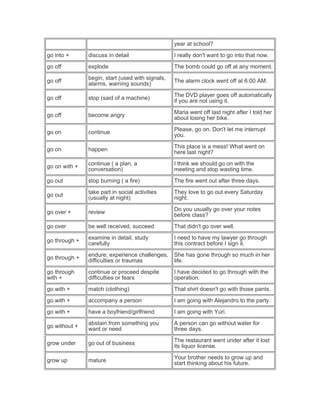 year at school?
go into + discuss in detail I really don't want to go into that now.
go off explode The bomb could go off at any moment.
go off
begin, start (used with signals,
alarms, warning sounds)
The alarm clock went off at 6:00 AM.
go off stop (said of a machine)
The DVD player goes off automatically
if you are not using it.
go off become angry
Maria went off last night after I told her
about losing her bike.
go on continue
Please, go on. Don't let me interrupt
you.
go on happen
This place is a mess! What went on
here last night?
go on with +
continue ( a plan, a
conversation)
I think we should go on with the
meeting and stop wasting time.
go out stop burning ( a fire) The fire went out after three days.
go out
take part in social activities
(usually at night)
They love to go out every Saturday
night.
go over + review
Do you usually go over your notes
before class?
go over be well received, succeed That didn't go over well.
go through +
examine in detail, study
carefully
I need to have my lawyer go through
this contract before I sign it.
go through +
endure; experience challenges,
difficulties or traumas
She has gone through so much in her
life.
go through
with +
continue or proceed despite
difficulties or fears
I have decided to go through with the
operation.
go with + match (clothing) That shirt doesn't go with those pants.
go with + accompany a person I am going with Alejandro to the party.
go with + have a boyfriend/girlfriend I am going with Yuri.
go without +
abstain from something you
want or need
A person can go without water for
three days.
grow under go out of business
The restaurant went under after it lost
its liquor license.
grow up mature
Your brother needs to grow up and
start thinking about his future.
 