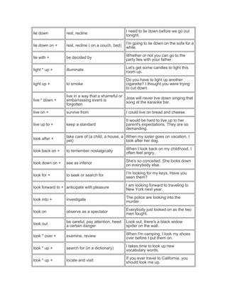 lie down rest, recline
I need to lie down before we go out
tonight.
lie down on + rest, recline ( on a couch, bed)
I'm going to lie down on the sofa for a
while.
lie with + be decided by
Whether or not you can go to the
party lies with your father.
light * up + illuminate
Let's get some candles to light this
room up.
light up + to smoke
Do you have to light up another
cigarette? I thought you were trying
to cut down.
live * down +
live in a way that a shameful or
embarrassing event is
forgotten
Jose will never live down singing that
song at the karaoke bar.
live on + survive from I could live on bread and cheese.
live up to + keep a standard
It would be hard to live up to her
parent's expectations. They are so
demanding.
look after +
take care of (a child, a house, a
pet)
When my sister goes on vacation, I
look after her dog.
look back on + to remember nostalgically
When I look back on my childhood, I
often feel angry.
look down on + see as inferior
She's so conceited. She looks down
on everybody else.
look for + to seek or search for
I'm looking for my keys. Have you
seen them?
look forward to + anticipate with pleasure
I am looking forward to traveling to
New York next year.
look into + investigate
The police are looking into the
murder.
look on observe as a spectator
Everybody just looked on as the two
men fought.
look out
be careful, pay attention, heed
a certain danger
Look out, there's a black widow
spider on the wall.
look * over + examine, review
When I'm camping, I look my shoes
over before I put them on.
look * up + search for (in a dictionary)
I takes time to look up new
vocabulary words.
look * up + locate and visit
If you ever travel to California, you
should look me up.
 