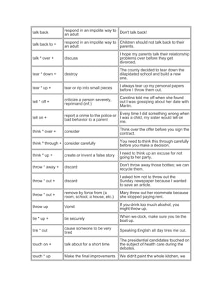 talk back
respond in an impolite way to
an adult
Don't talk back!
talk back to +
respond in an impolite way to
an adult
Children should not talk back to their
parents.
talk * over + discuss
I hope my parents talk their relationship
problems over before they get
divorced.
tear * down + destroy
The county decided to tear down the
dilapidated school and build a new
one.
tear * up + tear or rip into small pieces
I always tear up my personal papers
before I throw them out.
tell * off +
criticize a person severely,
reprimand (inf.)
Carolina told me off when she found
out I was gossiping about her date with
Martin.
tell on +
report a crime to the police or
bad behavior to a parent
Every time I did something wrong when
I was a child, my sister would tell on
me.
think * over + consider
Think over the offer before you sign the
contract.
think * through + consider carefully
You need to think this through carefully
before you make a decision.
think * up + create or invent a false story
I need to think up an excuse for not
going to her party.
throw * away + discard
Don't throw away those bottles; we can
recycle them.
throw * out + discard
I asked him not to throw out the
Sunday newspaper because I wanted
to save an article.
throw * out +
remove by force from (a
room, school, a house, etc.)
Mary threw out her roommate because
she stopped paying rent.
throw up Vomit
If you drink too much alcohol, you
might throw up.
tie * up + tie securely
When we dock, make sure you tie the
boat up.
tire * out
cause someone to be very
tired
Speaking English all day tires me out.
touch on + talk about for a short time
The presidential candidates touched on
the subject of health care during the
debates.
touch * up Make the final improvements We didn't paint the whole kitchen, we
 