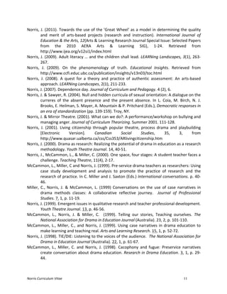 Norris	
  Curriculum	
  Vitae 11
Norris,	
  J.	
  (2011).	
  Towards	
  the	
  use	
  of	
  the	
  'Great	
  Wheel'	
  as	
  a	
  model	
  in	
  determining	
  the	
  quality	
  
and	
   merit	
   of	
   arts-­‐based	
   projects	
   (research	
   and	
   instruction).	
   International	
   Journal	
   of	
  
Education	
  &	
  the	
  Arts,	
  12(Arts	
  &	
  Learning	
  Research	
  Journal	
  Special	
  Issue:	
  Selected	
  Papers	
  
from	
   the	
   2010	
   AERA	
   Arts	
   &	
   Learning	
   SIG),	
   1-­‐24.	
   Retrieved	
   from	
  
http://www.ijea.org/v12si1/index.html	
  
Norris,	
  J.	
  (2009).	
  Adult	
  literacy	
  …	
  and	
  the	
  children	
  shall	
  lead.	
  LEARNing	
  Landscapes,	
  3(1),	
  263-­‐
267.	
  
Norris,	
   J.	
   (2009).	
   On	
   the	
   phenomenology	
   of	
   truth.	
   Educational	
   Insights.	
   Retrieved	
   from	
  
http://www.ccfi.educ.ubc.ca/publication/insights/v13n03/toc.html	
  
Norris,	
   J.	
   (2008).	
   A	
   quest	
   for	
   a	
   theory	
   and	
   practice	
   of	
   authentic	
   assessment:	
   An	
   arts-­‐based	
  
approach.	
  LEARNing	
  Landscapes,	
  2(1),	
  211-­‐233.	
  
Norris,	
  J.	
  (2007).	
  Dependence	
  day.	
  Journal	
  of	
  Curriculum	
  and	
  Pedagogy.	
  4	
  (2),	
  6.	
  
Norris,	
  J.	
  &	
  Sawyer,	
  R.	
  (2004).	
  Null	
  and	
  hidden	
  curricula	
  of	
  sexual	
  orientation:	
  A	
  dialogue	
  on	
  the	
  
curreres	
   of	
   the	
   absent	
   presence	
   and	
   the	
   present	
   absence.	
   In	
   L.	
   Coia,	
   M.	
   Birch,	
   N.	
   J.	
  
Brooks,	
  E.	
  Heilman,	
  S.	
  Mayer,	
  A.	
  Mountain	
  &	
  P.	
  Pritchard	
  (Eds.),	
  Democratic	
  responses	
  in	
  
an	
  era	
  of	
  standardization	
  (pp.	
  139-­‐159).	
  Troy,	
  NY.	
  
Norris,	
  J.	
  &	
  Mirror	
  Theatre.	
  (2001).	
  What	
  can	
  we	
  do?:	
  A	
  performance/workshop	
  on	
  bullying	
  and	
  
managing	
  anger.	
  Journal	
  of	
  Curriculum	
  Theorizing.	
  Summer	
  2001.	
  111-­‐128.	
  
Norris,	
   J.	
   (2001).	
   Living	
   citizenship	
   through	
   popular	
   theatre,	
   process	
   drama	
   and	
   playbuilding	
  
[Electronic	
   Version].	
   Canadian	
   Social	
   Studies,	
   35,	
   3,	
   from	
  
http://www.quasar.ualberta.ca/css/Css353/ARlivingcitizenship.htm	
  
Norris,	
  J.	
  (2000).	
  Drama	
  as	
  research:	
  Realizing	
  the	
  potential	
  of	
  drama	
  in	
  education	
  as	
  a	
  research	
  
methodology.	
  Youth	
  Theatre	
  Journal.	
  14,	
  40-­‐51.	
  
Norris,	
  J.,	
  McCammon,	
  L.,	
  &	
  Miller,	
  C.	
  (2000).	
  One	
  space,	
  four	
  stages:	
  A	
  student	
  teacher	
  faces	
  a	
  
challenge.	
  Teaching	
  Theatre,	
  11(4),	
  2-­‐17.	
  
McCammon,	
  L.,	
  Miller,	
  C	
  and	
  Norris,	
  J.	
  (1999).	
  Pre-­‐service	
  drama	
  teachers	
  as	
  researchers:	
  Using	
  
case	
   study	
   development	
   and	
   analysis	
   to	
   promote	
   the	
   practice	
   of	
   research	
   and	
   the	
  
research	
  of	
  practice.	
  In	
  C.	
  Miller	
  and	
  J.	
  Saxton	
  (Eds.)	
  International	
  conversations.	
  p.	
  40-­‐
46.	
  
Miller,	
   C.,	
   Norris,	
   J.	
   &	
   McCammon,	
   L.	
   (1999)	
   Conversations	
   on	
   the	
   use	
   of	
   case	
   narratives	
   in	
  
drama	
   methods	
   classes:	
   A	
   collaborative	
   reflective	
   journey.	
   	
   Journal	
   of	
   Professional	
  
Studies.	
  7,	
  1,	
  p.	
  11-­‐19.	
  
Norris,	
  J.	
  (1999).	
  Emergent	
  issues	
  in	
  qualitative	
  research	
  and	
  teacher	
  professional	
  development.	
  
Youth	
  Theatre	
  Journal.	
  13,	
  p.	
  46-­‐56.	
  
McCammon,	
   L.,	
   Norris,	
   J.	
   &	
   Miller,	
   C.	
   	
   (1999).	
   Telling	
   our	
   stories,	
   Teaching	
   ourselves.	
   The	
  
National	
  Association	
  for	
  Drama	
  in	
  Education	
  Journal	
  (Australia).	
  23,	
  2,	
  p.	
  101-­‐110.	
  
McCammon,	
  L.,	
  Miller,	
  C.,	
  and	
  Norris,	
  J.	
  (1999).	
  Using	
  case	
  narratives	
  in	
  drama	
  education	
  to	
  
make	
  learning	
  and	
  teaching	
  real.	
  Arts	
  and	
  Learning	
  Research.	
  15,	
  1,	
  p.	
  52-­‐72.	
  
Norris,	
  J.	
  (1998).	
  TIE/DIE:	
  Listening	
  to	
  the	
  voices	
  of	
  the	
  audience.	
  	
  The	
  National	
  Association	
  for	
  
Drama	
  in	
  Education	
  Journal	
  (Australia).	
  22,	
  1,	
  p.	
  61-­‐67.	
  
McCammon,	
   L.,	
   Miller,	
   C.	
   and	
   Norris,	
   J.	
   (1998).	
   Cacophony	
   and	
   fugue:	
   Preservice	
   narratives	
  
create	
  conversation	
  about	
  drama	
  education.	
  Research	
  in	
  Drama	
  Education.	
  3,	
  1,	
  p.	
  29-­‐
44.	
  
 