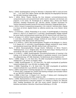 Norris	
  Curriculum	
  Vitae 13
	
  
Norris,	
  J.	
  (2016).	
  Autobiographical	
  writing	
  for	
  liberation:	
  A	
  disposition	
  NOT	
  to	
  read	
  and	
  write	
  
but	
  ...	
  .	
  In	
  R.	
  Evans	
  (Ed.),	
  Before,	
  Beside	
  and	
  After	
  (Beyond)	
  the	
  Biographical	
  Narrative	
  
(pp.	
  435-­‐442):	
  Duisburg:	
  nisaba	
  verlag.	
  
Norris,	
   J.	
   (2015).	
   Mirror	
   Theatre:	
   Blurring	
   the	
   lines	
   between	
   curricular/extracurricular,	
  
campus/community	
  and	
  outreach/inreach	
  within	
  teacher	
  education	
  and	
  dramatic	
  arts	
  
programs.	
   In	
   M.	
   Carter,	
   M.	
   Prendergast	
   &	
   G.	
   Belliveau	
   (Eds.),	
   Drama	
   and	
   Theatre	
  
Education:	
   Canadian	
   Perspectives	
   (pp.	
   134-­‐141).	
   Ottawa:	
   Canadian	
   Association	
   for	
  
Teacher	
  Education/Canadian	
  Society	
  for	
  the	
  Study	
  of	
  Education,	
  Polygraph	
  Book	
  Series.	
  
Norris,	
  J.	
  (2015).	
  Forward:	
  A	
  prepositional	
  proposition.	
  In	
  W.	
  Linds	
  &	
  E.	
  Vettraino	
  (Eds.),	
  Playing	
  
in	
  a	
  house	
  of	
  mirrors:	
  Applied	
  theatre	
  as	
  reflective	
  practice	
  (pp.	
  ix-­‐xv).	
  Boston:	
  Sense	
  
Publishers.	
  
Norris,	
  J.,	
  &	
  Greenlaw,	
  J.	
  (2012).	
  Responding	
  to	
  our	
  muses:	
  A	
  duoethnography	
  on	
  becoming	
  
writers	
  In	
  J.	
  Norris,	
  R.	
  D.	
  Sawyer	
  &	
  D.	
  E.	
  Lund	
  (Eds.),	
  Duoethnography:	
  Dialogic	
  methods	
  
for	
  social,	
  health,	
  and	
  educational	
  research	
  (pp.	
  89-­‐113).	
  Walnut	
  Creek:	
  Left	
  Coast	
  Press.	
  
Norris,	
  J.,	
  &	
  Sawyer,	
  R.	
  D.	
  (2012).	
  Toward	
  a	
  dialogic	
  methodology.	
  In	
  J.	
  Norris,	
  R.	
  D.	
  Sawyer	
  &	
  D.	
  
E.	
   Lund	
   (Eds.),	
   Duoethnography:	
   Dialogic	
   methods	
   for	
   social,	
   health,	
   and	
   educational	
  
research	
  (pp.	
  9-­‐39).	
  Walnut	
  Creek:	
  Left	
  Coast	
  Press.	
  
Sawyer,	
  R.	
  D.,	
  &	
  Norris,	
  J.	
  (2012).	
  Why	
  duoethnography:	
  Thoughts	
  on	
  the	
  dialogues.	
  In	
  J.	
  Norris,	
  
R.	
  D.	
  Sawyer	
  &	
  D.	
  E.	
  Lund	
  (Eds.),	
  Duoethnography:	
  Dialogic	
  methods	
  for	
  social,	
  health,	
  
and	
  educational	
  research	
  (pp.	
  289-­‐305).	
  Walnut	
  Creek:	
  Left	
  Coast	
  Press.	
  
Norris,	
   J.	
   (2011).	
   Reconceptualization	
   through	
   theatre:	
   Reflections	
   on	
   Mirror	
   Theatre’s	
  
“(Re)Productions”.	
  In	
  S.	
  C.	
  Bingham	
  (Ed.),	
  The	
  art	
  of	
  social	
  critique:	
  Painting	
  mirrors	
  of	
  
social	
  life	
  (pp.	
  287-­‐314).	
  Lanham,	
  MD:	
  Lexington	
  Books.	
  
Sawyer,	
  R.,	
  &	
  Norris,	
  J.	
  (2009).	
  Duoethnography:	
  Articulations/(re)creation	
  of	
  meaning	
  in	
  the	
  
making.	
  In	
  W.	
  Gershon	
  (Ed.),	
  Working	
  together	
  in	
  qualitative	
  research:	
  A	
  turn	
  towards	
  
the	
  collaborative	
  (pp.	
  127-­‐140).	
  Rotterdam,	
  The	
  Netherlands:	
  Sense	
  Publishers,	
  B.V.	
  
Norris,	
  J.	
  (2008).	
  Collage.	
  In	
  L.	
  M.	
  Given	
  (Ed.),	
  The	
  SAGE	
  encyclopedia	
  of	
  qualitative	
  research	
  
methods	
  (Vol.	
  1,	
  pp.	
  94-­‐97).	
  Los	
  Angeles:	
  SAGE.	
  
Norris,	
  J.	
  (2008).	
  Duoethnography.	
  In	
  L.	
  M.	
  Given	
  (Ed.),	
  The	
  SAGE	
  encyclopedia	
  of	
  qualitative	
  
research	
  methods	
  (Vol.	
  1,	
  pp.	
  233-­‐236).	
  Los	
  Angeles:	
  SAGE.	
  
Norris,	
   J.	
   (2008).	
   Playbuilding.	
   In	
   L.	
   M.	
   Given	
   (Ed.),	
   The	
   SAGE	
   encyclopedia	
   of	
   qualitative	
  
research	
  methods	
  (Vol.	
  2,	
  pp.	
  630-­‐633).	
  Los	
  Angeles:	
  SAGE.	
  
Norris,	
  J.	
  (2001).	
  Using	
  drama	
  in	
  teaching	
  language	
  arts.	
  In	
  G.	
  Tompkins,	
  M.	
  Pollard,	
  R.	
  Bright	
  &	
  
P.	
  Winsor	
  (Eds.),	
  Language	
  arts:	
  Content	
  and	
  teaching	
  strategies	
  (2nd	
  Canadian	
  Edition	
  
ed.,	
  pp.	
  284-­‐321).	
  Scarborough:	
  Prentice-­‐Hall.	
  
	
  Norris,	
  J.	
  (2000).	
  A	
  Short	
  Fuse.	
  	
  In	
  Chapter	
  9	
  of	
  J.	
  Kinchloe,	
  P.	
  Slattery	
  and	
  S.	
  Steinberg	
  (Ed.)	
  
Contextualizing	
  teaching.	
  Don	
  Mills:	
  Longman	
  p.	
  284.	
  
Norris,	
  J.	
  (1999).	
  Representations	
  of	
  violence	
  in	
  schools	
  as	
  co-­‐created	
  by	
  cast	
  and	
  audiences	
  
during	
  a	
  theatre/drama	
  in	
  education	
  program.	
  In	
  G.	
  Malicky,	
  B.	
  Shapiro,	
  &	
  K.	
  Masurek	
  
(Eds.),	
   Building	
   foundations	
   for	
   safe	
   and	
   caring	
   schools:	
   Research	
   on	
   disruptive	
  
behaviour	
  and	
  violence.	
  Edmonton:	
  Duval	
  House	
  Publishing.	
  p.	
  271-­‐328.	
  
	
  
	
  
 