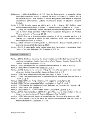 Norris	
  Curriculum	
  Vitae 14
	
  
McCammon,	
  L.,	
  Miller,	
  C.	
  and	
  Norris,	
  J.	
  (1999).	
  Preservice	
  drama	
  teachers	
  as	
  researchers:	
  Using	
  
case	
  development	
  and	
  analysis	
  to	
  promote	
  the	
  practice	
  of	
  research	
  of	
  research	
  and	
  the	
  
research	
  of	
  practice.	
  	
  In	
  C.	
  Miller	
  &	
  J.	
  Saxton	
  (Eds.)	
  Drama	
  and	
  theatre	
  in	
  education:	
  
International	
   conversations.	
   Victoria:	
   International	
   Drama	
   in	
   Education	
   Research	
  
Institute.	
  
Norris,	
   J.	
   (1998).	
   Creative	
   drama	
   as	
   adult's	
   work.	
   In	
   B.	
   J.	
   Wagner	
   (Ed.)	
   Building	
   moral	
  
communities	
  through	
  drama.	
  Stamford,	
  CT:	
  Ablex	
  Publishing	
  Corporation.	
  p.	
  211-­‐230.	
  
Norris,	
  J.	
  (1995).	
  Pre-­‐service	
  drama	
  teacher	
  education:	
  Voices	
  from	
  the	
  practicum.	
  In	
  J.	
  Saxton	
  
and	
   C.	
   Miller	
   (Eds.)	
   Canadian	
   Tertiary	
   Drama	
   Education:	
   Perspectives	
   on	
   Practice.	
  
Victoria:	
  University	
  of	
  Victoria.	
  p.	
  59	
  -­‐	
  66.	
  
Norris,	
  J.	
  (1995).	
  The	
  use	
  of	
  drama	
  in	
  teacher	
  education:	
  A	
  call	
  for	
  embodied	
  learning.	
  In	
  B.	
  
Warren	
   (Ed.)	
   Creating	
   a	
   theater	
   in	
   your	
   classroom.	
   North	
   York,	
   Ontario:	
   Captus	
  
University	
  Publications.	
  p.	
  279-­‐305.	
  
Norris,	
  J.	
  (1991).	
  A	
  lesson	
  in	
  industrial	
  growth.	
  In	
  J.	
  Parsons	
  and	
  L.	
  Beauchamp	
  (Eds.),	
  Stories	
  of	
  
teaching.	
  Richmond	
  Hill	
  :	
  Scholastic.	
  p.	
  84-­‐85.	
  
Norris,	
  J.	
  (1991).	
  A	
  grade	
  twelve	
  social	
  studies	
  lesson.	
  In	
  J.	
  Parsons	
  and	
  L.	
  Beauchamp	
  (Eds.),
Stories of teaching. Richmond Hill : Scholastic. p. 102-104.
	
  
Non-juried Publications
	
  
Norris,	
  J.	
  (2004).	
  Shadows:	
  Examining	
  the	
  power	
  relationships	
  in	
  the	
  field	
  experience	
  through	
  
audience	
   participation	
   theatre.	
   Proceedings	
   of	
   the	
   Western	
   Canadian	
   Association	
   for	
  
Student	
  Teaching,	
  Edmonton.	
  P.	
  13-­‐19.	
  
Norris,	
  J.	
  (1997).	
  The	
  relevance	
  of	
  the	
  concept	
  of	
  national	
  identity.	
  In	
  Touch.	
  5,	
  4,	
  p.	
  5-­‐6.	
  
Norris,	
  J.	
  (1996).	
  Many	
  faces	
  of	
  literacy.	
  In	
  Touch.	
  4,	
  1,	
  p.	
  1.	
  
Norris,	
  J.	
  (1995).	
  Curiouser	
  and	
  curiouser:	
  Finding	
  the	
  voice	
  of	
  a	
  researcher	
  in	
  the	
  elementary	
  
classroom:	
  An	
  interview	
  with	
  Pam	
  Steeves.	
  In	
  Touch.	
  3,	
  4,	
  p.	
  6	
  -­‐	
  7.	
  
Norris,	
  J.	
  (1994).	
  What	
  is	
  basic	
  research	
  in	
  basic	
  education?	
  In	
  Touch.	
  2,	
  4,	
  p.	
  1.	
  
Norris,	
  J.	
  (1994).	
  Emergent	
  collaboration	
  in	
  science	
  education:	
  An	
  interview	
  with	
  Bob	
  Ritter.	
  In	
  
Touch.	
  2,	
  3,	
  p.	
  3-­‐4.	
  
Norris,	
  J.	
  (1993).	
  PLAY	
  is	
  the	
  Thing.	
  Edmonton,	
  ATA	
  Magazine.	
  March/April.	
  p.33.	
  
Norris,	
  J.	
  (1993).	
  The	
  first	
  two	
  weeks	
  of	
  a	
  first-­‐year	
  teacher.	
  In	
  Touch.	
  2,	
  1,	
  p.	
  6-­‐7.	
  
Norris,	
  J.	
  (1993).	
  Reading:	
  An	
  Invitation	
  to	
  Create,	
  (Re)create	
  and	
  Converse.	
  Fine.	
  Summer,	
  p.4.	
  
Norris,	
  J.	
  (1993).	
  Tonus.	
  Fine.	
  Summer,	
  p.	
  11.	
  
Norris,	
  J.	
  (1992).	
  Profile	
  of	
  a	
  MADD	
  teacher:	
  Therese	
  Craig.	
  FACTA.	
  October.	
  (p.	
  4-­‐5).	
  
Norris,	
  J.	
  (1992).	
  Nachmanovitch,	
  S.	
  (1990).	
  Free	
  play:	
  The	
  power	
  of	
  improvisation	
  in	
  life	
  and	
  
the	
  arts.	
  Los	
  Angeles:	
  Jeremy	
  P.	
  Tarcher.	
  (A	
  Review).	
  Fine:	
  Fall	
  1992.	
  
Norris,	
  J.	
  (1992).	
  Tell	
  me	
  a	
  story:	
  Jaguars	
  as	
  morale	
  boosters.	
  Edmonton,	
  ATA	
  Magazine.	
  p.29.	
  
Norris,	
  J.	
  (1991).	
  Is	
  there	
  a	
  crisis	
  in	
  the	
  arts	
  in	
  the	
  schools?	
  Fine.	
  Edmonton:	
  Fine	
  Arts	
  Council	
  of	
  
the	
  Alberta	
  Teachers'	
  Association.	
  p.	
  43-­‐52.	
  
 