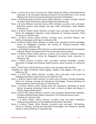 Norris	
  Curriculum	
  Vitae 16
Norris,	
  J.	
  and	
  Kennesaw	
  State	
  University	
  Cast.	
  (2014).	
  Beyond	
  the	
  Masks.	
  Invited	
  performance	
  
presented	
   at	
   the	
   Arts-­‐based	
   Educational	
   Research	
   SIG	
   pre-­‐conference	
   of	
   the	
   Annual	
  
Meeting	
  of	
  the	
  American	
  Educational	
  Research	
  Association,	
  Philadelphia.	
  
Norris,	
  J.	
  &	
  Kennesaw	
  State	
  University	
  Faculty.	
  (2013).	
  (Director,	
  co-­‐author,	
  and	
  joker).	
  Beyond	
  
the	
  masks.	
  Public	
  Performance.	
  Osborne	
  High	
  School,	
  Marietta,	
  GA.	
  
Norris,	
  J.	
  &	
  James	
  Madison	
  University	
  Faculty.	
  (2013).	
  (Director,	
  co-­‐author,	
  actor,	
  and	
  joker).	
  
Rethinking	
   research	
   entry	
   through	
   role	
   play.	
   Public	
   Performance.	
   James	
   Madison	
  
University,	
  VA.	
  
Norris,	
  J.	
  &	
  Mirror	
  Theatre.	
  (2013).	
  (Director,	
  co-­‐author,	
  actor,	
  and	
  joker).	
  How	
  Do	
  We	
  Rate?	
  
Centre	
   for	
   Pedagogical	
   Innovation,	
   Spring	
   Workshop	
   for	
   Teaching	
   Assistants.	
   Brock	
  
University,	
  St.	
  Catharines,	
  ON.	
  
Norris,	
   J.	
   &	
   Mirror	
   Theatre.	
   (2012).	
   (Director,	
   co-­‐author,	
   actor,	
   and	
   joker).	
   Reasons…	
   Not.	
  
Healthy	
  Living	
  Niagara,	
  Club	
  Capri,	
  St.	
  Catharines,	
  ON.	
  
Norris,	
  J.	
  &	
  Mirror	
  Theatre.	
  (2012).	
  (Director,	
  co-­‐author,	
  actor,	
  and	
  joker).	
  Common	
  Knowledge.	
  
Centre	
   for	
   Pedagogical	
   Innovation,	
   Fall	
   Training	
   for	
   Teaching	
   Assistants.	
   Brock	
  
University,	
  St.	
  Catharines,	
  ON.	
  
Norris,	
  J.,	
  and	
  Student	
  Company.	
  (2012).	
  (Director	
  co-­‐author	
  with	
  Mount	
  Saint	
  Vincent	
  graduate	
  
students).	
  Where’s	
  Joy.	
  Mount	
  Saint	
  Vincent	
  University	
  Summer	
  Institute.	
  
Norris,	
  J.	
  &	
  Mirror	
  Theatre.	
  (2012).	
  (Director,	
  co-­‐author,	
  actor,	
  and	
  joker).	
  Academic	
  Integrity	
  
and	
   the	
   TA	
   Experience.	
   Centre	
   for	
   Pedagogical	
   Innovation.	
   Brock	
   University,	
   St.	
  
Catharines,	
  ON.	
  
Norris,	
   J.	
   (2012).	
   (Director,	
   co-­‐author,	
   actor,	
   and	
   joker).	
   Common	
   Knowledge.	
   Canadian	
  
Association	
  of	
  College	
  and	
  University	
  Student	
  Services.	
  Brock	
  University,	
  St.	
  Catharines,	
  
ON.	
  
Norris,	
  J.	
  &	
  3F77	
  Class.	
  (2012).	
  (Director,	
  co-­‐author,	
  actor,	
  and	
  joker).	
  Ball	
  and	
  Chain:	
  	
  
	
  Dispelling	
   the	
   Myths	
   of	
   Mental	
   Health	
   Stigmas.	
   Healthy	
   Living	
   Niagara,	
   Club	
   Capri,	
   St.	
  
Catharines,	
  ON.	
  
Norris,	
   J.	
   &	
   3F77	
   Class.	
   (2012).	
   (Director,	
   co-­‐author,	
   actor,	
   and	
   joker).	
   4.321.	
   Centre	
   for	
  
Pedagogical	
  Innovation.	
  Brock	
  University,	
  St.	
  Catharines,	
  ON.	
  
Norris,	
  J.	
  &	
  Mirror	
  Theatre.	
  (2012).	
  (Director,	
  co-­‐author,	
  actor,	
  and	
  joker).	
  Common	
  Knowledge.	
  
Centre	
   for	
   Teaching,	
   Learning	
   and	
   Educational	
   Technologies’	
   Training	
   Workshop	
   for	
  
Teaching	
  Assistants.	
  Brock	
  University,	
  St.	
  Catharines,	
  ON.	
  
Norris,	
   J.	
   &	
   Mirror	
   Theatre.	
   (2011).	
   (Acting	
   coach	
   and	
   coordinator).	
   Workbooks	
   to	
   Virtual	
  
Worlds:	
   Comparing	
   Educational	
   Tools	
   to	
   Foster	
   a	
   Culture	
   of	
   Safety	
   and	
   Respect	
   in	
  
Ontario.	
  Niagara	
  Health	
  System.	
  
Norris,	
  J.	
  &	
  3F77	
  Class.	
  (2011).	
  (Director,	
  co-­‐author,	
  actor,	
  and	
  joker).	
  Ball	
  and	
  Chain:	
  Dispelling	
  
the	
  Myths	
  of	
  Mental	
  Health	
  Stigmas.	
  Supervisors’	
  Fall	
  Training	
  Conference.	
  Brock	
  
University,	
  St.	
  Catharines,	
  ON.	
  
Norris,	
   J.	
   &	
   Mirror	
   Theatre.	
   (2011).	
   (Director,	
   co-­‐author,	
   actor,	
   and	
   joker).	
   Escalations.	
  
Professional	
  Development	
  for	
  the	
  Employment	
  Help	
  Centre,	
  Beamsville.	
  
Norris,	
   J.	
   &	
   Mirror	
   Theatre.	
   (2011).	
   (Director,	
   co-­‐author,	
   actor,	
   and	
   joker).	
   “Dis”Positions.	
  
Centre	
   for	
   Teaching,	
   Learning	
   and	
   Educational	
   Technologies’	
   Fall	
   Training	
   for	
   Teaching	
  
Assistants.	
  Brock	
  University,	
  St.	
  Catharines,	
  ON.	
  
 