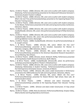 Norris	
  Curriculum	
  Vitae 19
Norris,	
  J.	
  &	
  Mirror	
  Theatre.	
  	
  (2000).	
  (Director,	
  MC,	
  actor	
  and	
  co-­‐author	
  with	
  student	
  company).	
  	
  
Shadowing.	
  Performance/workshop	
  presented	
  at	
  the	
  Advanced	
  Professional	
  Semester’s	
  
Elementary	
  Student	
  Teacher’s	
  Callback.	
  
Norris,	
  J.	
  &	
  Mirror	
  Theatre.	
  	
  (2000).	
  (Director,	
  MC,	
  actor	
  and	
  co-­‐author	
  with	
  student	
  company).	
  	
  
What’s	
  the	
  Use?	
  Five	
  performance/workshops	
  presented	
  at	
  the	
  Expecting	
  Respect	
  Peer	
  
Educator	
  Training	
  sessions.	
  
Norris,	
  J.	
  &	
  Mirror	
  Theatre.	
  	
  (2000).	
  (Director,	
  MC,	
  actor	
  and	
  co-­‐author	
  with	
  student	
  company).	
  	
  
To	
  the	
  Movies.	
  Performance	
  presented	
  at	
  the	
  Safe	
  and	
  Caring	
  Communities	
  Conference.	
  
Edmonton,	
  Alberta.	
  
Norris,	
  J.	
  &	
  Mirror	
  Theatre.	
  	
  (2000).	
  (Director,	
  MC,	
  actor	
  and	
  co-­‐author	
  with	
  student	
  company).	
  	
  
Coulda/Shoulda.	
  (Director,	
  MC,	
  actor).	
  One	
  performance/workshop	
  St	
  Phillip	
  Elementary	
  
School.	
  
Norris,	
  J.	
  &	
  Mirror	
  Theatre.	
  	
  (2000).	
  (Director,	
  MC,	
  actor	
  and	
  co-­‐author	
  with	
  student	
  company).	
  	
  
Coulda/Shoulda.	
  (Director,	
  MC,	
  actor).	
  One	
  performance/workshop	
  for	
  Alberta	
  Alcohol	
  
and	
  Drug	
  Addiction	
  Centre,	
  Wainwright.	
  
Norris,	
  J.	
  &	
  Mirror	
  Theatre.	
  	
  (2000).	
  Coulda/Shoulda.	
  (Director).	
  Six	
  performance/workshops	
  at	
  
St.	
  Joseph’s	
  School.	
  
Norris,	
   J.	
   &	
   Mirror	
   Theatre.	
   	
   (2000).	
   (Director,	
   MC,	
   actor).	
   What's	
   the	
   Fine	
   Line?	
  
Performance/Workshop	
   presented	
   at	
   the	
   Canadian	
   Association	
   for	
   Women	
   in	
  
Education,	
  Congress,	
  2000.	
  Edmonton,	
  Alberta.	
  
Norris,	
   J.	
   &	
   Mirror	
   Theatre.	
   	
   (2000).	
   (Director,	
   MC,	
   actor).	
   What's	
   the	
   Fine	
   Line?	
  
Performance/Workshop	
  presented	
  at	
  the	
  American	
  Educational	
  Research	
  Association’s	
  
Annual	
  Meeting.	
  New	
  Orleans.	
  
Norris,	
  J.	
  &	
  Mirror	
  Theatre.	
  	
  (2000).	
  (Director,	
  Actor).	
  ReSearch:	
  RePlay.	
  Performance	
  presented	
  
at	
  the	
  Qualitative	
  Health	
  Research	
  Conference,	
  Banff,	
  Alberta.	
  
Norris,	
   J.	
   &	
   Mirror	
   Theatre.	
   	
   (2000).	
   Coulda/Shoulda.	
   (Director,MC,	
   actor).	
   Six	
   performance	
  
workshops	
  presented	
  during	
  Mirror	
  Theatre’s	
  Yellowhead	
  tour.	
  
Norris,	
  J.	
  &	
  Mirror	
  Theatre.	
  	
  (2000).	
  (Director,	
  MC,	
  actor	
  and	
  co-­‐author	
  with	
  student	
  company).	
  
Shadowing:	
  Relationships	
  in	
  Student	
  Teaching.	
  	
  Performances/workshop	
  presented	
  to	
  
the	
  Field	
  Experience	
  Orientation	
  Session,	
  University	
  of	
  Alberta	
  
Norris,	
  J.	
  &	
  Mirror	
  Theatre.	
  	
  (1999).	
  	
  (Director,	
  MC,	
  actor).	
  Under	
  Construction	
  II.	
  Performance	
  
presented	
  at	
  the	
  1999	
  Conference	
  for	
  Safe	
  and	
  Caring	
  Schools.	
  Edmonton,	
  Alberta.	
  
Norris,	
   J.	
   &	
   Mirror	
   Theatre.	
   	
   (1999).	
   (Director,	
   MC,	
   actor).	
   What's	
   the	
   Fine	
   Line?	
  
Performance/Workshops	
   presented	
   for	
   Roland	
   Michner	
   High	
   School,	
   Slave	
   Lake.	
   (8	
  
teacher/student	
  shows).	
  
Norris,	
   J.	
   &	
   Mirror	
   Theatre.	
   	
   (1999).	
   	
   (Director	
   and	
   Joker)	
   Crossroads.	
   Five	
  
performance/workshops	
   presented	
   at	
   the	
   Expecting	
   Respect	
   Peer	
   Educator	
   Training	
  
sessions.	
  
Norris,	
  J.	
  &	
  Mirror	
  Theatre.	
  	
  (1999).	
  	
  (Director	
  and	
  Joker)	
  Under	
  Construction.	
  A	
  9	
  day	
  school	
  
tour	
  of	
  schools.	
  
Norris,	
  J.	
  &	
  Mirror	
  Theatre.	
  	
  (1999).	
  Risks	
  (Co-­‐director).	
  Performance/Workshop.	
  Drayton	
  Valley,	
  
Alberta	
  Alcohol	
  and	
  Drug	
  Dependency	
  Commission.	
  
 