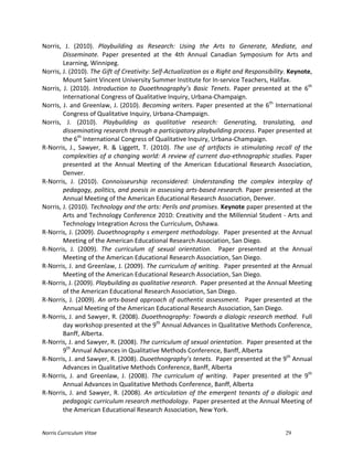 Norris	
  Curriculum	
  Vitae 29
Norris,	
   J.	
   (2010).	
   Playbuilding	
   as	
   Research:	
   Using	
   the	
   Arts	
   to	
   Generate,	
   Mediate,	
   and	
  
Disseminate.	
   Paper	
   presented	
   at	
   the	
   4th	
   Annual	
   Canadian	
   Symposium	
   for	
   Arts	
   and	
  
Learning,	
  Winnipeg.	
  
Norris,	
  J.	
  (2010).	
  The	
  Gift	
  of	
  Creativity:	
  Self-­‐Actualization	
  as	
  a	
  Right	
  and	
  Responsibility.	
  Keynote,	
  
Mount	
  Saint	
  Vincent	
  University	
  Summer	
  Institute	
  for	
  In-­‐service	
  Teachers,	
  Halifax.	
  
Norris,	
   J.	
   (2010).	
   Introduction	
   to	
   Duoethnography’s	
   Basic	
   Tenets.	
   Paper	
   presented	
   at	
   the	
   6th
	
  
International	
  Congress	
  of	
  Qualitative	
  Inquiry,	
  Urbana-­‐Champaign.	
  
Norris,	
  J.	
  and	
  Greenlaw,	
  J.	
  (2010).	
  Becoming	
  writers.	
  Paper	
  presented	
  at	
  the	
  6th
	
  International	
  
Congress	
  of	
  Qualitative	
  Inquiry,	
  Urbana-­‐Champaign.	
  
Norris,	
   J.	
   (2010).	
   Playbuilding	
   as	
   qualitative	
   research:	
   Generating,	
   translating,	
   and	
  
disseminating	
  research	
  through	
  a	
  participatory	
  playbuilding	
  process.	
  Paper	
  presented	
  at	
  
the	
  6th
	
  International	
  Congress	
  of	
  Qualitative	
  Inquiry,	
  Urbana-­‐Champaign.	
  
R-­‐Norris,	
   J.,	
   Sawyer,	
   R.	
   &	
   Liggett,	
   T.	
   (2010).	
   The	
   use	
   of	
   artifacts	
   in	
   stimulating	
   recall	
   of	
   the	
  
complexities	
  of	
  a	
  changing	
  world:	
  A	
  review	
  of	
  current	
  duo-­‐ethnographic	
  studies.	
  Paper	
  
presented	
   at	
   the	
   Annual	
   Meeting	
   of	
   the	
   American	
   Educational	
   Research	
   Association,	
  
Denver.	
  
R-­‐Norris,	
   J.	
   (2010).	
   Connoisseurship	
   reconsidered:	
   Understanding	
   the	
   complex	
   interplay	
   of	
  
pedagogy,	
  politics,	
  and	
  poesis	
  in	
  assessing	
  arts-­‐based	
  research.	
  Paper	
  presented	
  at	
  the	
  
Annual	
  Meeting	
  of	
  the	
  American	
  Educational	
  Research	
  Association,	
  Denver.	
  
Norris,	
  J.	
  (2010).	
  Technology	
  and	
  the	
  arts:	
  Perils	
  and	
  promises.	
  Keynote	
  paper	
  presented	
  at	
  the	
  
Arts	
  and	
  Technology	
  Conference	
  2010:	
  Creativity	
  and	
  the	
  Millennial	
  Student	
  -­‐	
  Arts	
  and	
  
Technology	
  Integration	
  Across	
  the	
  Curriculum,	
  Oshawa.	
  
R-­‐Norris,	
  J.	
  (2009).	
  Duoethnography	
  s	
  emergent	
  methodology.	
  	
  Paper	
  presented	
  at	
  the	
  Annual	
  
Meeting	
  of	
  the	
  American	
  Educational	
  Research	
  Association,	
  San	
  Diego.	
  
R-­‐Norris,	
   J.	
   (2009).	
   The	
   curriculum	
   of	
   sexual	
   orientation.	
   	
   Paper	
   presented	
   at	
   the	
   Annual	
  
Meeting	
  of	
  the	
  American	
  Educational	
  Research	
  Association,	
  San	
  Diego.	
  
R-­‐Norris,	
  J.	
  and	
  Greenlaw,	
  J.	
  (2009).	
  The	
  curriculum	
  of	
  writing.	
  	
  Paper	
  presented	
  at	
  the	
  Annual	
  
Meeting	
  of	
  the	
  American	
  Educational	
  Research	
  Association,	
  San	
  Diego.	
  
R-­‐Norris,	
  J.	
  (2009).	
  Playbuilding	
  as	
  qualitative	
  research.	
  	
  Paper	
  presented	
  at	
  the	
  Annual	
  Meeting	
  
of	
  the	
  American	
  Educational	
  Research	
  Association,	
  San	
  Diego.	
  
R-­‐Norris,	
  J.	
  (2009).	
  An	
  arts-­‐based	
  approach	
  of	
  authentic	
  assessment.	
  	
  Paper	
  presented	
  at	
  the	
  
Annual	
  Meeting	
  of	
  the	
  American	
  Educational	
  Research	
  Association,	
  San	
  Diego.	
  
R-­‐Norris,	
  J.	
  and	
  Sawyer,	
  R.	
  (2008).	
  Duoethnography:	
  Towards	
  a	
  dialogic	
  research	
  method.	
  	
  Full	
  
day	
  workshop	
  presented	
  at	
  the	
  9th
	
  Annual	
  Advances	
  in	
  Qualitative	
  Methods	
  Conference,	
  
Banff,	
  Alberta.	
  
R-­‐Norris,	
  J.	
  and	
  Sawyer,	
  R.	
  (2008).	
  The	
  curriculum	
  of	
  sexual	
  orientation.	
  	
  Paper	
  presented	
  at	
  the	
  
9th
	
  Annual	
  Advances	
  in	
  Qualitative	
  Methods	
  Conference,	
  Banff,	
  Alberta	
  
R-­‐Norris,	
  J.	
  and	
  Sawyer,	
  R.	
  (2008).	
  Duoethnography’s	
  tenets.	
  	
  Paper	
  presented	
  at	
  the	
  9th
	
  Annual	
  
Advances	
  in	
  Qualitative	
  Methods	
  Conference,	
  Banff,	
  Alberta	
  
R-­‐Norris,	
   J.	
   and	
   Greenlaw,	
   J.	
   (2008).	
   The	
   curriculum	
   of	
   writing.	
   	
   Paper	
   presented	
   at	
   the	
   9th
	
  
Annual	
  Advances	
  in	
  Qualitative	
  Methods	
  Conference,	
  Banff,	
  Alberta	
  
R-­‐Norris,	
  J.	
  and	
  Sawyer,	
  R.	
  (2008).	
  An	
  articulation	
  of	
  the	
  emergent	
  tenants	
  of	
  a	
  dialogic	
  and	
  
pedagogic	
  curriculum	
  research	
  methodology.	
  	
  Paper	
  presented	
  at	
  the	
  Annual	
  Meeting	
  of	
  
the	
  American	
  Educational	
  Research	
  Association,	
  New	
  York.	
  
 