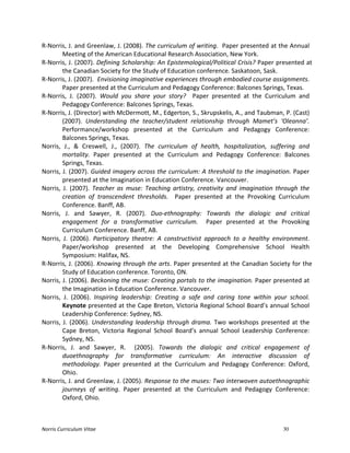 Norris	
  Curriculum	
  Vitae 30
R-­‐Norris,	
  J.	
  and	
  Greenlaw,	
  J.	
  (2008).	
  The	
  curriculum	
  of	
  writing.	
  	
  Paper	
  presented	
  at	
  the	
  Annual	
  
Meeting	
  of	
  the	
  American	
  Educational	
  Research	
  Association,	
  New	
  York.	
  
R-­‐Norris,	
  J.	
  (2007).	
  Defining	
  Scholarship:	
  An	
  Epistemological/Political	
  Crisis?	
  Paper	
  presented	
  at	
  
the	
  Canadian	
  Society	
  for	
  the	
  Study	
  of	
  Education	
  conference.	
  Saskatoon,	
  Sask.	
  
R-­‐Norris,	
  J.	
  (2007).	
  	
  Envisioning	
  imaginative	
  experiences	
  through	
  embodied	
  course	
  assignments.	
  	
  
Paper	
  presented	
  at	
  the	
  Curriculum	
  and	
  Pedagogy	
  Conference:	
  Balcones	
  Springs,	
  Texas.	
  
R-­‐Norris,	
   J.	
   (2007).	
   Would	
   you	
   share	
   your	
   story?	
   	
   Paper	
   presented	
   at	
   the	
   Curriculum	
   and	
  
Pedagogy	
  Conference:	
  Balcones	
  Springs,	
  Texas.	
  
R-­‐Norris,	
  J.	
  (Director)	
  with	
  McDermott,	
  M.,	
  Edgerton,	
  S.,	
  Skrupskelis,	
  A.,	
  and	
  Taubman,	
  P.	
  (Cast)	
  
(2007).	
   Understanding	
   the	
   teacher/student	
   relationship	
   through	
   Mamet’s	
   ‘Oleanna’.	
  
Performance/workshop	
   presented	
   at	
   the	
   Curriculum	
   and	
   Pedagogy	
   Conference:	
  
Balcones	
  Springs,	
  Texas.	
  
Norris,	
   J.,	
   &	
   Creswell,	
   J.,	
   (2007).	
   The	
   curriculum	
   of	
   health,	
   hospitalization,	
   suffering	
   and	
  
mortality.	
   Paper	
   presented	
   at	
   the	
   Curriculum	
   and	
   Pedagogy	
   Conference:	
   Balcones	
  
Springs,	
  Texas.	
  
Norris,	
  J.	
  (2007).	
  Guided	
  imagery	
  across	
  the	
  curriculum:	
  A	
  threshold	
  to	
  the	
  imagination.	
  Paper	
  
presented	
  at	
  the	
  Imagination	
  in	
  Education	
  Conference.	
  Vancouver.	
  
Norris,	
   J.	
   (2007).	
   Teacher	
   as	
   muse:	
   Teaching	
   artistry,	
   creativity	
   and	
   imagination	
   through	
   the	
  
creation	
   of	
   transcendent	
   thresholds.	
   	
   Paper	
   presented	
   at	
   the	
   Provoking	
   Curriculum	
  
Conference.	
  Banff,	
  AB.	
  	
  
Norris,	
   J.	
   and	
   Sawyer,	
   R.	
   (2007).	
   Duo-­‐ethnography:	
   Towards	
   the	
   dialogic	
   and	
   critical	
  
engagement	
   for	
   a	
   transformative	
   curriculum.	
   	
   Paper	
   presented	
   at	
   the	
   Provoking	
  
Curriculum	
  Conference.	
  Banff,	
  AB.	
  	
  
Norris,	
   J.	
   (2006).	
   Participatory	
   theatre:	
   A	
   constructivist	
   approach	
   to	
   a	
   healthy	
   environment.	
  
Paper/workshop	
   presented	
   at	
   the	
   Developing	
   Comprehensive	
   School	
   Health	
  
Symposium:	
  Halifax,	
  NS.	
  
R-­‐Norris,	
  J.	
  (2006).	
  Knowing	
  through	
  the	
  arts.	
  Paper	
  presented	
  at	
  the	
  Canadian	
  Society	
  for	
  the	
  
Study	
  of	
  Education	
  conference.	
  Toronto,	
  ON.	
  
Norris,	
  J.	
  (2006).	
  Beckoning	
  the	
  muse:	
  Creating	
  portals	
  to	
  the	
  imagination.	
  Paper	
  presented	
  at	
  
the	
  Imagination	
  in	
  Education	
  Conference.	
  Vancouver.	
  
Norris,	
   J.	
   (2006).	
   Inspiring	
   leadership:	
   Creating	
   a	
   safe	
   and	
   caring	
   tone	
   within	
   your	
   school.	
  
Keynote	
  presented	
  at	
  the	
  Cape	
  Breton,	
  Victoria	
  Regional	
  School	
  Board’s	
  annual	
  School	
  
Leadership	
  Conference:	
  Sydney,	
  NS.	
  
Norris,	
  J.	
  (2006).	
  Understanding	
  leadership	
  through	
  drama.	
  Two	
  workshops	
  presented	
  at	
  the	
  
Cape	
   Breton,	
   Victoria	
   Regional	
   School	
   Board’s	
   annual	
   School	
   Leadership	
   Conference:	
  
Sydney,	
  NS.	
  
R-­‐Norris,	
   J.	
   and	
   Sawyer,	
   R.	
   	
   (2005).	
   Towards	
   the	
   dialogic	
   and	
   critical	
   engagement	
   of	
  
duoethnography	
   for	
   transformative	
   curriculum:	
   An	
   interactive	
   discussion	
   of	
  
methodology.	
   Paper	
   presented	
   at	
   the	
   Curriculum	
   and	
   Pedagogy	
   Conference:	
   Oxford,	
  
Ohio.	
  
R-­‐Norris,	
  J.	
  and	
  Greenlaw,	
  J.	
  (2005).	
  Response	
  to	
  the	
  muses:	
  Two	
  interwoven	
  autoethnographic	
  
journeys	
   of	
   writing.	
   Paper	
   presented	
   at	
   the	
   Curriculum	
   and	
   Pedagogy	
   Conference:	
  
Oxford,	
  Ohio.	
  
 