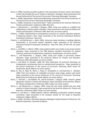 Norris	
  Curriculum	
  Vitae 35
Norris,	
  J.	
  (1996).	
  Assisting	
  secondary	
  students	
  in	
  the	
  examination	
  of	
  racism,	
  sexism,	
  and	
  violence	
  
in	
  their	
  lives	
  through	
  the	
  use	
  of	
  ‘Theatre	
  in	
  Education’	
  strategies.	
  Paper	
  presented	
  at	
  the	
  
Annual	
  Conference	
  of	
  The	
  Journal	
  of	
  Curriculum	
  Theorizing,	
  Monteagle,	
  Tennessee.	
  
Norris,	
  J.	
  (1996).	
  Beyond	
  Boal.	
  Performance/Workshop	
  presented	
  at	
  the	
  Annual	
  Conference	
  of	
  
The	
  Journal	
  of	
  Curriculum	
  Theorizing,	
  Monteagle,	
  Tennessee.	
  
Norris,	
  J.	
  (1996).	
  Anonymity,	
  A	
  tool	
  of	
  the	
  past?	
  	
  Paper	
  presented	
  at	
  the	
  American	
  Alliance	
  for	
  
Theatre	
  and	
  Education:	
  Conference	
  1996,	
  New	
  York.	
  	
  
Norris,	
   J.,	
   McCammon,	
   L.,	
   and	
   Miller,	
   C.(August,	
   1996).	
   Using	
   case	
   studies	
   as	
   a	
   platform	
   for	
  
collaboration	
  in	
  drama	
  teacher	
  education.	
  Paper	
  presented	
  at	
  the	
  American	
  Alliance	
  for	
  
Theatre	
  and	
  Education:	
  Conference	
  1996,	
  New	
  York.	
  (no	
  senior	
  author)	
  
R-­‐Norris,	
  J.	
  (1996).	
  Implementing	
  an	
  emancipatory	
  curriculum	
  in	
  a	
  teacher	
  education	
  program:	
  
A	
   beginning	
   teacher's	
   story.	
   Paper	
   presented	
   at	
   the	
   American	
   Educational	
   Research	
  
Association	
  Conference.	
  	
  New	
  York.	
  
R-­‐Norris,	
  J.,	
  and	
  McCammon,	
  L.	
  (April,	
  1996).	
  Using	
  case	
  study	
  narratives	
  in	
  building	
  reflective	
  
communities	
   in	
   pre-­‐service	
   teacher	
   education.	
   Paper	
   presented	
   at	
   the	
   American	
  
Educational	
  Research	
  Association	
  Conference.	
  	
  New	
  York.	
  ERIC,	
  ED	
  401	
  245.	
  (no	
  senior	
  
author).	
  
Norris,	
  J.,	
  and	
  Miller,	
  C.	
  (March,	
  1996).	
  Using	
  student-­‐written	
  case	
  studies	
  in	
  pre-­‐service	
  teacher	
  
education.	
   Paper	
   presented	
   at	
   the	
   1996	
   Western	
   Canadian	
   Association	
   for	
   Student	
  
Teaching.	
  University	
  of	
  Saskatchewan:	
  Saskatoon,	
  Saskatchewan.	
  (no	
  senior	
  author).	
  
Norris,	
   J.,	
   and	
   McCammon,	
   L.	
   (August,	
   1995).	
   Using	
   case	
   studies	
   in	
   pre-­‐service	
   teacher	
  
education.	
   Paper	
   presented	
   at	
   the	
   American	
   Alliance	
   for	
   Theatre	
   and	
   Education:	
  
Conference	
  1995,	
  Minneapolis.	
  (no	
  senior	
  author).	
  
Norris,	
   J.	
   and	
   Bilash,	
   O.	
   (October,	
   1994)	
   The	
   ‘Next	
   Generation’	
   of	
   curriculum	
   theorizing:	
   An	
  
intraplanetary	
  consciousness	
  from	
  an	
  extraterrestrial	
  perspective.	
  	
  Paper	
  presented	
  at	
  
the	
   Annual	
   Conference	
   of	
   The	
   Journal	
   of	
   Curriculum	
   Theorizing.	
   Banff	
   Centre	
   for	
  
Conferences,	
  Banff,	
  Alberta.	
  (no	
  senior	
  author).	
  
Bilash,	
  O.,	
  Dox,	
  D.,	
  Neal,	
  M.,	
  Norris,	
  J.,	
  Pipan,	
  R.,	
  Skrupskalis,	
  A.,	
  and	
  Steinmetz,	
  S.	
  	
  (October,	
  
1994)	
   Texts	
   and	
   contexts:	
   An	
   embodied	
   curriculum	
   using	
   image,	
   gesture	
   and	
   sound.	
  
Paper	
   presented	
   at	
   the	
   Annual	
   Conference	
   of	
   The	
   Journal	
   of	
   Curriculum	
   Theorizing.	
  
Banff	
  Centre	
  for	
  Conferences,	
  Banff,	
  Alberta.	
  (no	
  senior	
  author).	
  
Norris,	
  J.,	
  O'Farrell,	
  L.,	
  van	
  Bakelen,	
  M.,	
  and	
  de	
  Vrooman,	
  J.	
  (August,	
  1994).	
  Toward	
  a	
  global	
  
agenda	
  for	
  research	
  in	
  drama	
  and	
  education.	
  Paper	
  presented	
  at	
  the	
  American	
  Alliance	
  
for	
  Theatre	
  and	
  Education:	
  Conference	
  1994,	
  Tempe.	
  (no	
  senior	
  author).	
  
Norris,	
   J.,	
   and	
   McCammon,	
   L.	
   (August,	
   1994).	
   Using	
   the	
   case	
   study	
   method	
   and	
   case	
   study	
  
research	
  in	
  theatre	
  education.	
  Paper	
  presented	
  at	
  the	
  American	
  Alliance	
  for	
  Theatre	
  and	
  
Education:	
  Conference	
  1994,	
  Tempe.	
  (no	
  senior	
  author).	
  
R-­‐Bilash,	
  O.,	
  and	
  Norris,	
  J.	
  (1994)	
  Systemic	
  violence:	
  Midwifing	
  of	
  education	
  students	
  through	
  
uncertainty.	
   Paper	
   presented	
   at	
   the	
   Canadian	
   Society	
   for	
   the	
   Study	
   of	
   Education	
  
conference,	
  Calgary,	
  Alberta.	
  
Norris,	
  J.	
  (1994).	
  The	
  thesis:	
  Alternative	
  formats	
  (videotape).	
  Student	
  Research	
  Conference:	
  The	
  
Research	
  Experience.	
  University	
  of	
  Alberta.	
  
 