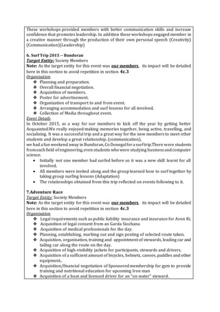 These workshops provided members with better communication skills and increase
confidence that promotes leadership. In addition these workshops engaged member in
a creative manner through the production of their own personal speech (Creativity)
(Communication)(Leadership)
6. Surf Trip 2015 -- Bundoran
Target Entity: Society Members
Note: As the target entity for this event was our members, its impact will be detailed
here in this section to avoid repetition in section 4c.3
Organisation
❖ Planning and preparation.
❖ Overall financial negotiation.
❖ Acquisition of members.
❖ Poster for advertisement.
❖ Organization of transport to and from event.
❖ Arranging accommodation and surf lessons for all involved.
❖ Collection of Media throughout event.
Event Details
In October 2015, as a way for our members to kick off the year by getting better
Acquainted.We really enjoyed making memories together, being active, travelling, and
socialising. It was a successful trip and a great way for the new members to meet other
students and develop a great relationship. (communication),
we had afun weekend away in Bundoran,Co Donegalforasurftrip.There were students
fromeachfield ofengineering,even students who were studying businessandcomputer
science.
 Initially not one member had surfed before so it was a new skill learnt for all
involved.
 All members were invited along and the group learned how to surf together by
taking group surfing lessons (Adaptation)
 The relationships obtained from this trip reflected on events following to it.
7.Adventure Race
Target Entity: Society Members
Note: As the target entity for this event was our members, its impact will be detailed
here in this section to avoid repetition in section 4c.3
Organisation
❖ Legal requirements such as public liability insurance and insurance for Avon Ri.
❖ Acquisition of legal consent from an Garda Siochana
❖ Acquisition of medical professionals for the day.
❖ Planning, establishing, marking out and sign posting of selected route taken.
❖ Acquisition, organisation, training and appointment of stewards, leading car and
tailing car along the route on the day.
❖ Acquisition of high-visibility jackets for participants, stewards and drivers.
❖ Acquisition of a sufficient amount of bicycles, helmets, canoes, paddles and other
equipment..
❖ Acquisition/financial negotiation of Sponsored membership for gym to provide
training and nutritional education for upcoming Iron man
❖ Acquisition of a boat and licenced driver for an “on water” steward.
 