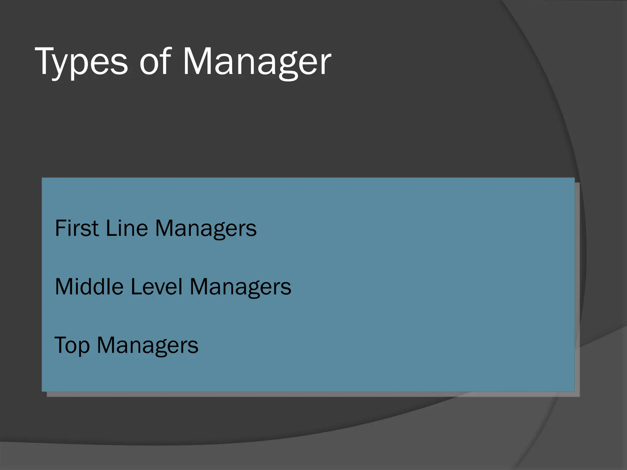 Types of Manager
First Line Managers
Middle Level Managers
Top Managers
 