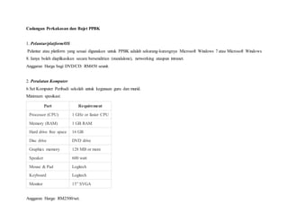 Cadangan Perkakasan dan Bajet PPBK
1. Pelantar/platform/OS
Pelantar atau platform yang sesuai digunakan untuk PPBK adalah sekurang-kurangnya Microsoft Windows 7 atau Microsoft Windows
8. Ianya boleh diaplikasikan secara bersendirian (standalone), networking ataupun intranet.
Anggaran Harga bagi DVD/CD: RM450 seunit.
2. Peralatan Komputer
6 Set Komputer Peribadi sekolah untuk kegunaan guru dan murid.
Minimum spesikasi:
Part Requirement
Processor (CPU) 1 GHz or faster CPU
Memory (RAM) 1 GB RAM
Hard drive free space 16 GB
Disc drive DVD drive
Graphics memory 128 MB or more
Speaker 600 watt
Mouse & Pad Logitech
Keyboard Logitech
Monitor 15” SVGA
Anggaran Harga: RM2500/set.
 