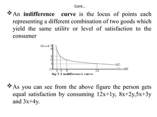 Cont…
An indifference curve is the locus of points each
representing a different combination of two goods which
yield the same utility or level of satisfaction to the
consumer .
As you can see from the above figure the person gets
equal satisfaction by consuming 12x+1y, 8x+2y,5x+3y
and 3x+4y.
 