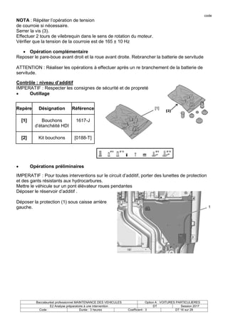 code
Baccalauréat professionnel MAINTENANCE DES VEHICULES Option A : VOITURES PARTICULIERES
E2 Analyse préparatoire à une intervention DT Session 2017
Code : Durée : 3 heures Coefficient : 3 DT 16 sur 28
NOTA : Répéter l’opération de tension
de courroie si nécessaire.
Serrer la vis (3).
Effectuer 2 tours de vilebrequin dans le sens de rotation du moteur.
Vérifier que la tension de la courroie est de 165 ± 10 Hz
 Opération complémentaire
Reposer le pare-boue avant droit et la roue avant droite. Rebrancher la batterie de servitude
ATTENTION : Réaliser les opérations à effectuer après un re branchement de la batterie de
servitude.
Contrôle : niveau d’additif
IMPERATIF : Respecter les consignes de sécurité et de propreté
 Outillage
 Opérations préliminaires
IMPERATIF : Pour toutes interventions sur le circuit d’additif, porter des lunettes de protection
et des gants résistants aux hydrocarbures.
Mettre le véhicule sur un pont élévateur roues pendantes
Déposer le réservoir d’additif .
Déposer la protection (1) sous caisse arrière
gauche.
Repère Désignation Référence
[1] Bouchons
d’étanchéité HDI
1617-J
[2] Kit bouchons [0188-T]
 