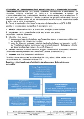 code
Baccalauréat professionnel MAINTENANCE DES VEHICULES Option A : VOITURES PARTICULIERES
E2 Analyse préparatoire à une intervention DT Session 2017
Code : Durée : 3 heures Coefficient : 3 DT 25 sur 28
Informations sur l’habilitation électrique dans le domaine de la maintenance automobile
La consignation est la suite chronologique d'opérations indispensables et réglementées, qui
permettent d'assurer la sécurité du personnel et du matériel avant d'intervenir sur
un appareillage électrique, une installation électrique, ou simplement un circuit électrique. En
effet, seuls les travaux effectués hors tension présentent une sécurité totale vis-à-vis du risque
électrique, à condition que l'on soit sûr que toute tension est effectivement supprimée et qu'elle
le reste : c'est le but de la consignation.
En France, la consignation électrique d'un ouvrage est régie par la norme NF C18-510.
Les étapes successives de la procédure de consignation sont :
1. séparer : couper l'alimentation, le plus souvent au moyen d'un sectionneur
2. condamner : rendre impossible la remise sous tension sans actions
particulières : cadenas, étiquetage.
3. identifier : deux phases :
a) s'assurer que la partie d'installation que l'on vient de séparer et condamner est bien celle
sur laquelle on doit intervenir ou travailler ;
b) poser des étiquettes ou des panneaux de signalisation indiquant que quelqu'un travaille
sur l'installation et qu'il ne faut en aucun cas remettre le courant. ; (Balisage du véhicule
par des chainettes et panneaux « danger électriques »)
4. vérifier : l'absence de tension électrique. Rappel : l'utilisation d'un multimètre ou contrôleur
universel est interdite pour faire une Vérification d’Absence de Tension (VAT) ;
5. Informer : Une fiche de travail ou consignation.
Dans le domaine des travaux d'ordre électrique, la consignation doit être confiée à une
personne possédant l'habilitation de niveau BCL
Graphique reliant les niveaux d'habilitation dans le domaine de la maintenance
automobile
 