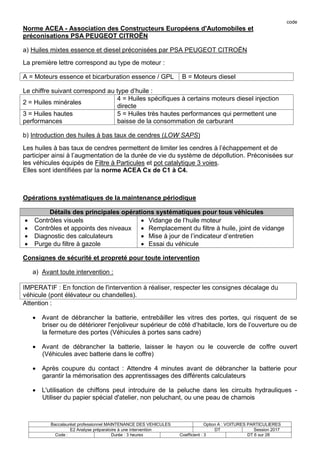 code
Baccalauréat professionnel MAINTENANCE DES VEHICULES Option A : VOITURES PARTICULIERES
E2 Analyse préparatoire à une intervention DT Session 2017
Code : Durée : 3 heures Coefficient : 3 DT 6 sur 28
Norme ACEA - Association des Constructeurs Européens d'Automobiles et
préconisations PSA PEUGEOT CITROËN
a) Huiles mixtes essence et diesel préconisées par PSA PEUGEOT CITROËN
La première lettre correspond au type de moteur :
A = Moteurs essence et bicarburation essence / GPL B = Moteurs diesel
Le chiffre suivant correspond au type d’huile :
2 = Huiles minérales
4 = Huiles spécifiques à certains moteurs diesel injection
directe
3 = Huiles hautes
performances
5 = Huiles très hautes performances qui permettent une
baisse de la consommation de carburant
b) Introduction des huiles à bas taux de cendres (LOW SAPS)
Les huiles à bas taux de cendres permettent de limiter les cendres à l’échappement et de
participer ainsi à l’augmentation de la durée de vie du système de dépollution. Préconisées sur
les véhicules équipés de Filtre à Particules et pot catalytique 3 voies.
Elles sont identifiées par la norme ACEA Cx de C1 à C4.
Opérations systématiques de la maintenance périodique
Détails des principales opérations systématiques pour tous véhicules
 Contrôles visuels
 Contrôles et appoints des niveaux
 Diagnostic des calculateurs
 Purge du filtre à gazole
 Vidange de l’huile moteur
 Remplacement du filtre à huile, joint de vidange
 Mise à jour de l’indicateur d’entretien
 Essai du véhicule
Consignes de sécurité et propreté pour toute intervention
a) Avant toute intervention :
IMPERATIF : En fonction de l'intervention à réaliser, respecter les consignes décalage du
véhicule (pont élévateur ou chandelles).
Attention :
 Avant de débrancher la batterie, entrebâiller les vitres des portes, qui risquent de se
briser ou de détériorer l'enjoliveur supérieur de côté d’habitacle, lors de l’ouverture ou de
la fermeture des portes (Véhicules à portes sans cadre)
 Avant de débrancher la batterie, laisser le hayon ou le couvercle de coffre ouvert
(Véhicules avec batterie dans le coffre)
 Après coupure du contact : Attendre 4 minutes avant de débrancher la batterie pour
garantir la mémorisation des apprentissages des différents calculateurs
 L'utilisation de chiffons peut introduire de la peluche dans les circuits hydrauliques -
Utiliser du papier spécial d'atelier, non peluchant, ou une peau de chamois
 