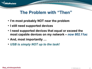 © WildPackets, Inc.#wp_wirelesspackets
The Problem with “Then”
• I’m most probably NOT near the problem
• I still need supported devices
• I need supported devices that equal or exceed the
most capable devices on my network – now 802.11ac
• And, most importantly …
• USB is simply NOT up to the task!
22
 
