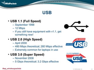 © WildPackets, Inc.#wp_wirelesspackets
USB
• USB 1.1 (Full Speed)
‒ September 1998
‒ 12 Mbps
‒ If you still have equipment with v1.1, get
something new!
• USB 2.0 (High Speed)
‒ April 2000
‒ 480 Mbps theoretical; 280 Mbps effective
‒ Extremely common for laptops in use
• USB 3.0 (Super Speed)
‒ November 2008
‒ 5 Gbps theoretical; 3.2 Gbps effective
23
 