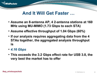 © WildPackets, Inc.#wp_wirelesspackets
And It Will Get Faster …
• Assume an 8-antenna AP, 4 2-antenna stations at 160
MHz using MU-MIMO (1.73 Gbps to each STA)
• Assume effective throughput of 1.04 Gbps (60%)
• If our analysis requires aggregating data from the 4
STAs together, the aggregated analysis throughput
is
• 4.16 Gbps
• This exceeds the 3.2 Gbps effect rate for USB 3.0, the
very best the market has to offer
26
 