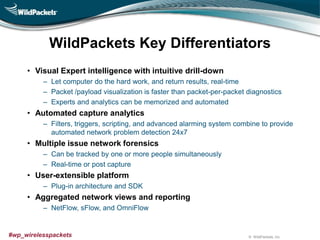 © WildPackets, Inc.#wp_wirelesspackets
WildPackets Key Differentiators
• Visual Expert intelligence with intuitive drill-down
– Let computer do the hard work, and return results, real-time
– Packet /payload visualization is faster than packet-per-packet diagnostics
– Experts and analytics can be memorized and automated
• Automated capture analytics
– Filters, triggers, scripting, and advanced alarming system combine to provide
automated network problem detection 24x7
• Multiple issue network forensics
– Can be tracked by one or more people simultaneously
– Real-time or post capture
• User-extensible platform
– Plug-in architecture and SDK
• Aggregated network views and reporting
– NetFlow, sFlow, and OmniFlow
 