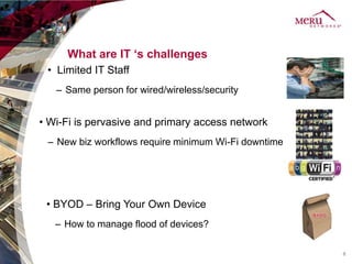 What are IT ‘s challenges
 • Limited IT Staff
   – Same person for wired/wireless/security


• Wi-Fi is pervasive and primary access network
 – New biz workflows require minimum Wi-Fi downtime




 • BYOD – Bring Your Own Device
   – How to manage flood of devices?

                                                      8
 
