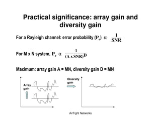 Practical significance: array gain and
                 diversity gain
/       7 "&                     &                      & " 1Pe3       1
                                                                      SNR

                                            1
/   # ?         "       ) % Pe        (A x SNR)D


# ? )       )       "                D#     % !         "      6 D#
                                          Diversity
                                          gain
    Array
    gain




                                           AirTight Networks
 