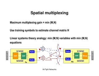 Spatial multiplexing

     # ? )           ) )        &    & ?               D)        1# % 3

     A                          ")         &           )                   &)   ? 5

     9               "      )                  "   &       " )     1# % 3 !      &            )        1# % 3
         ;


b1               b1 b3 b5            Radio                                      Radio             b1 b3 b5       b1
b2                                                                                                               b2
b3                                                                                                               b3
b4           Split       DSP                                                                 DSP         Merge   b4
b5                                                                                                               b5
b6                                                                              Radio                            b6
                                     Radio
                 b2 b4 b6                                                                         b2 b4 b6
                            Tx                                                          Rx



                                                       AirTight Networks
 